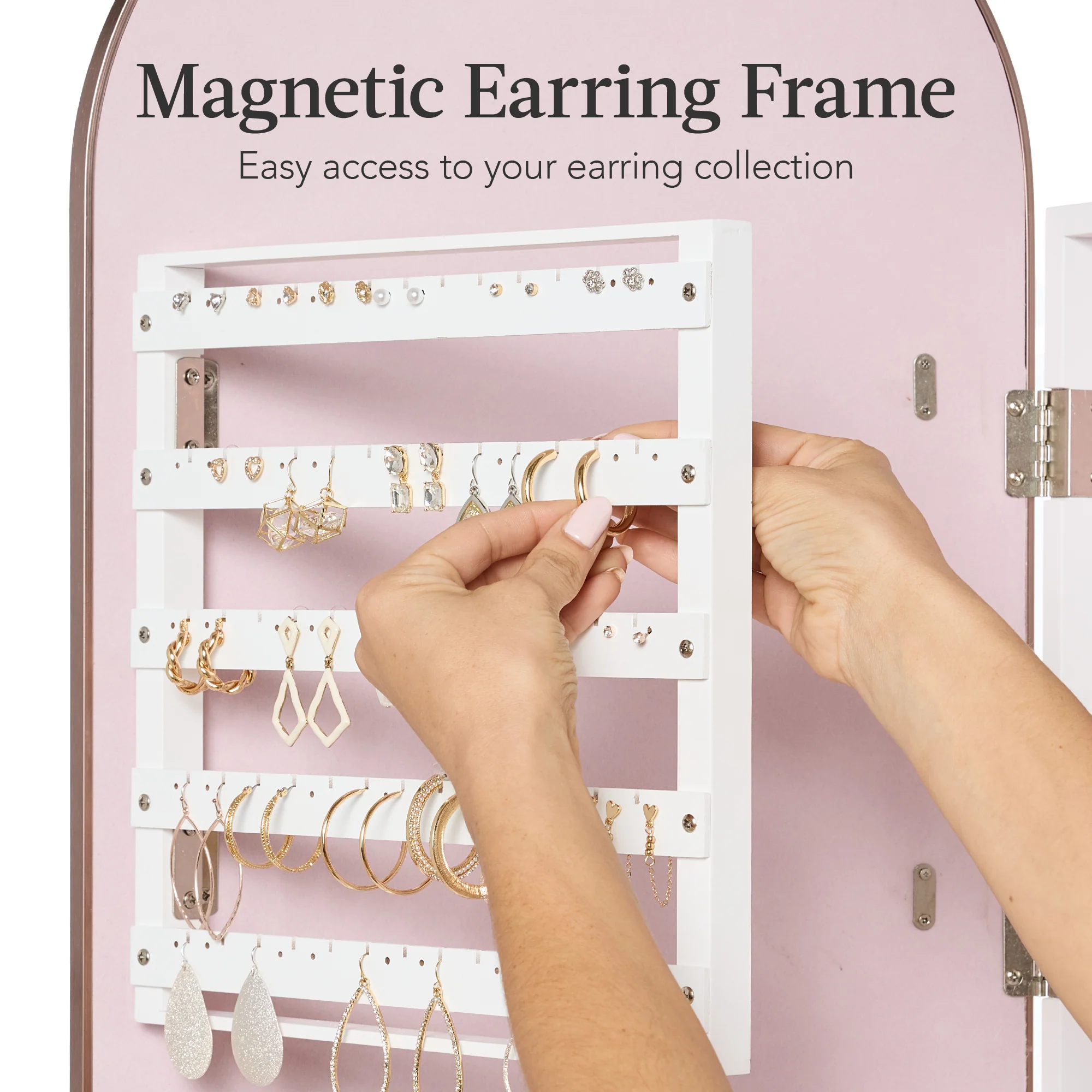 Door/Wall Mounted Arch Mirror Jewelry Armoire, w/ Metal Frame, Built-In Lock - Image 14