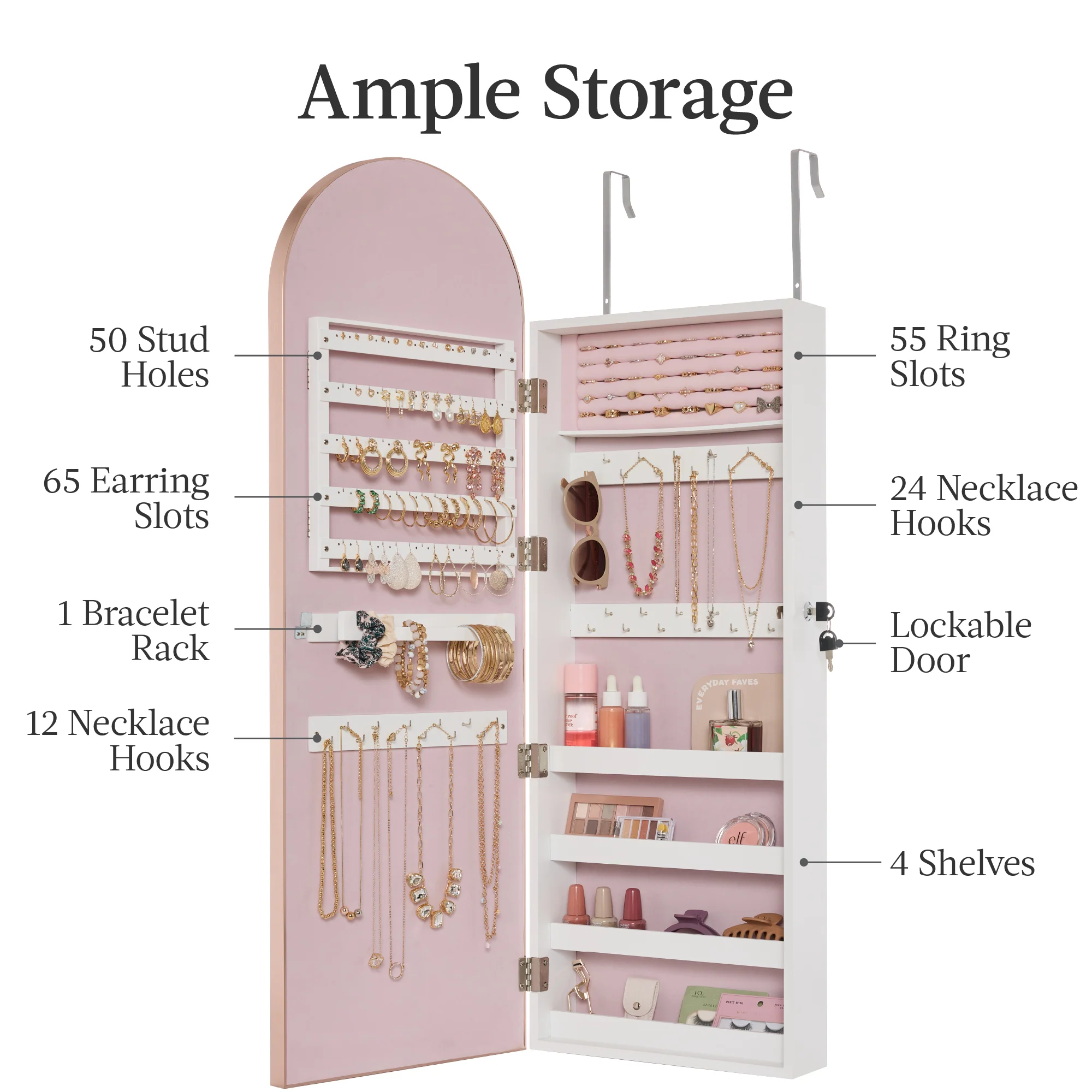 Door/Wall Mounted Arch Mirror Jewelry Armoire, w/ Metal Frame, Built-In Lock - Image 16