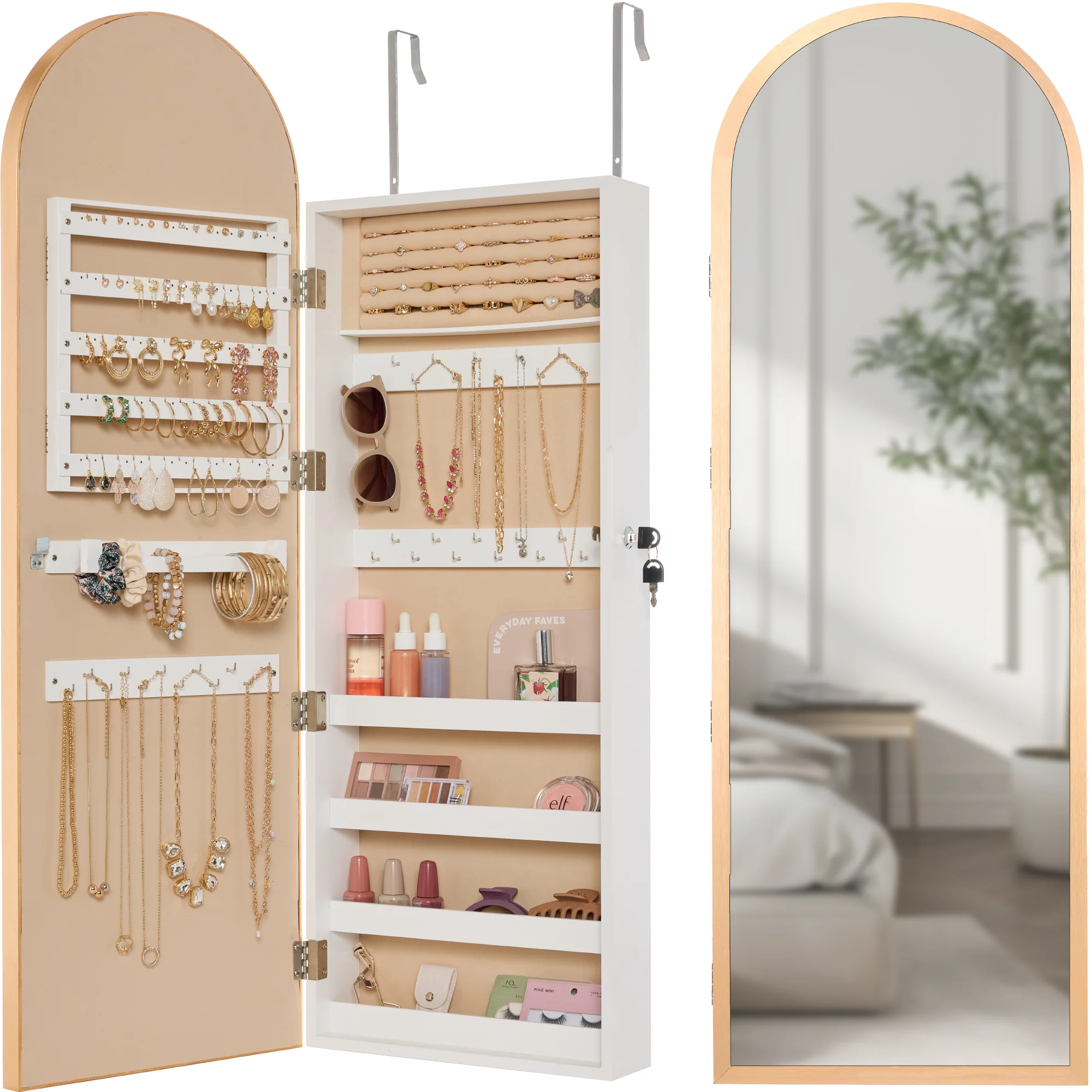 Door/Wall Mounted Arch Mirror Jewelry Armoire, w/ Metal Frame, Built-In Lock - Image 17