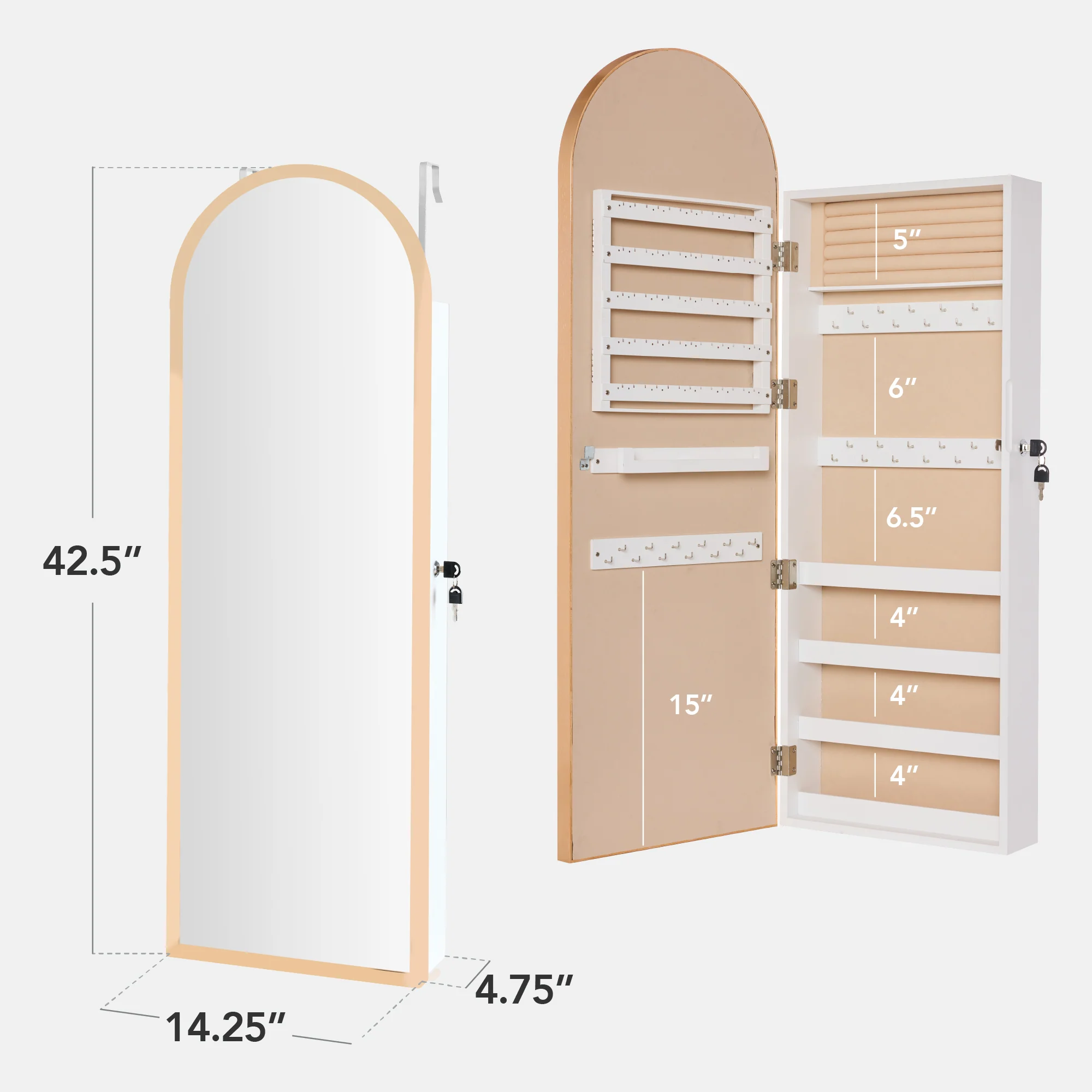 Door/Wall Mounted Arch Mirror Jewelry Armoire, w/ Metal Frame, Built-In Lock - Image 18