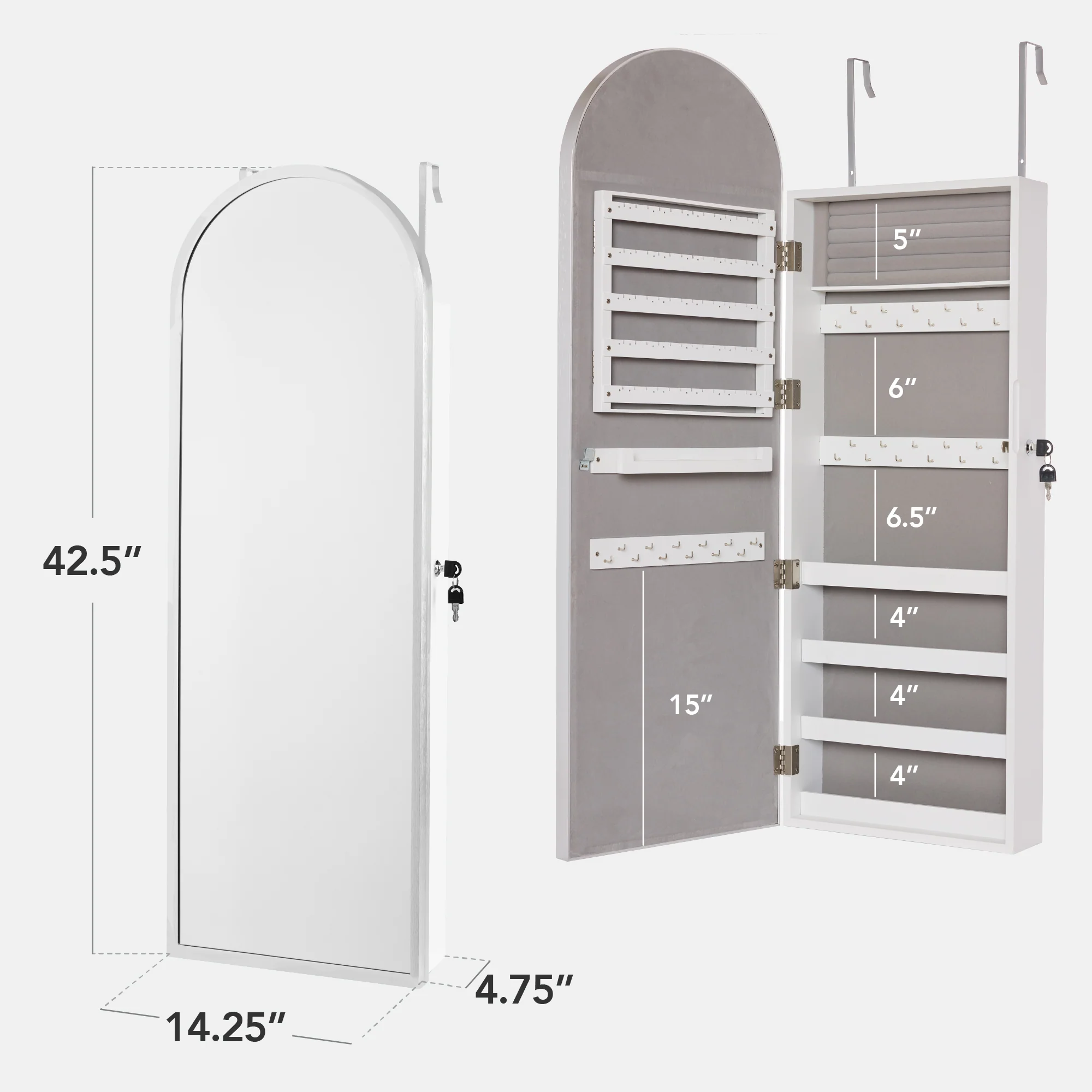 Door/Wall Mounted Arch Mirror Jewelry Armoire, w/ Metal Frame, Built-In Lock - Image 2