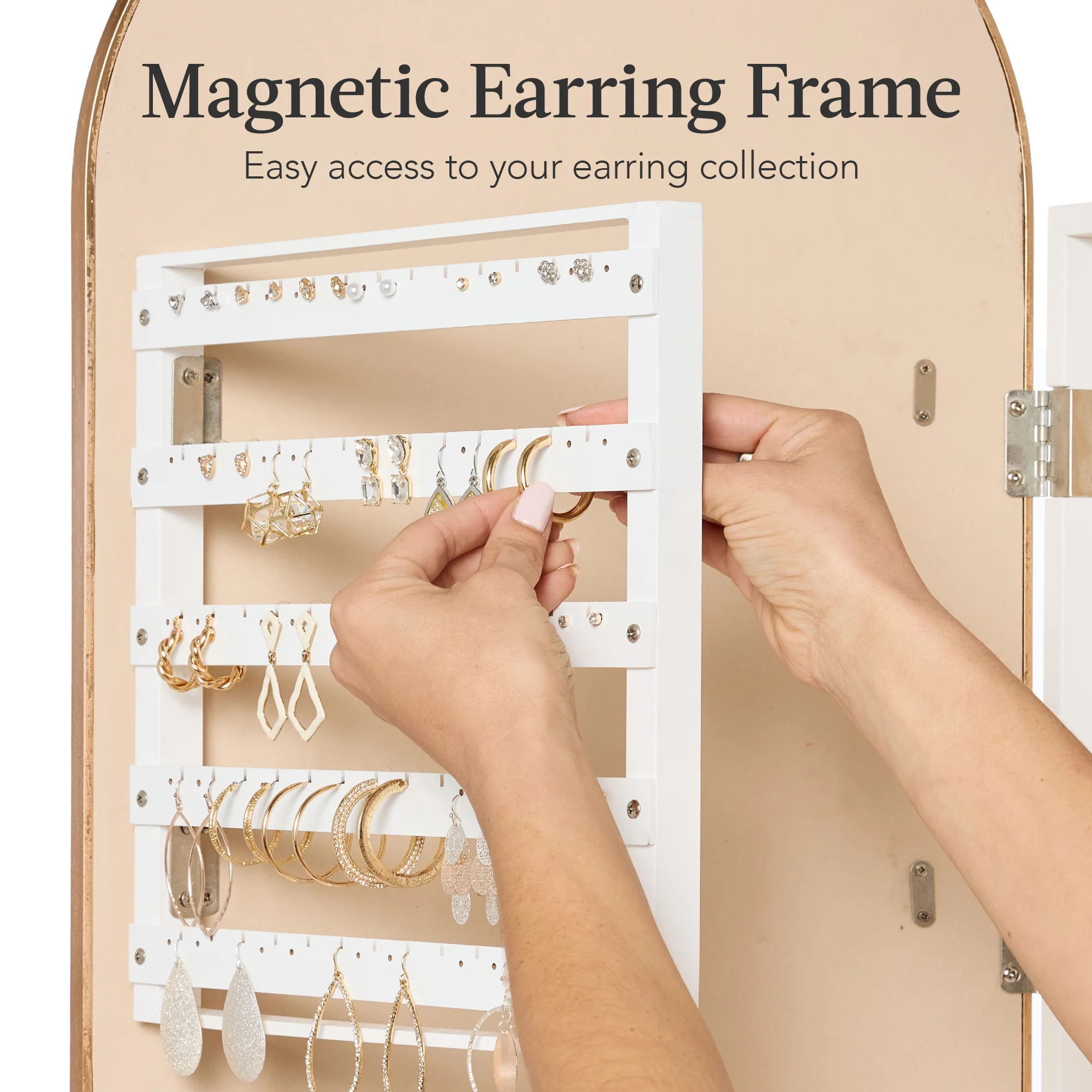 Door/Wall Mounted Arch Mirror Jewelry Armoire, w/ Metal Frame, Built-In Lock - Image 22