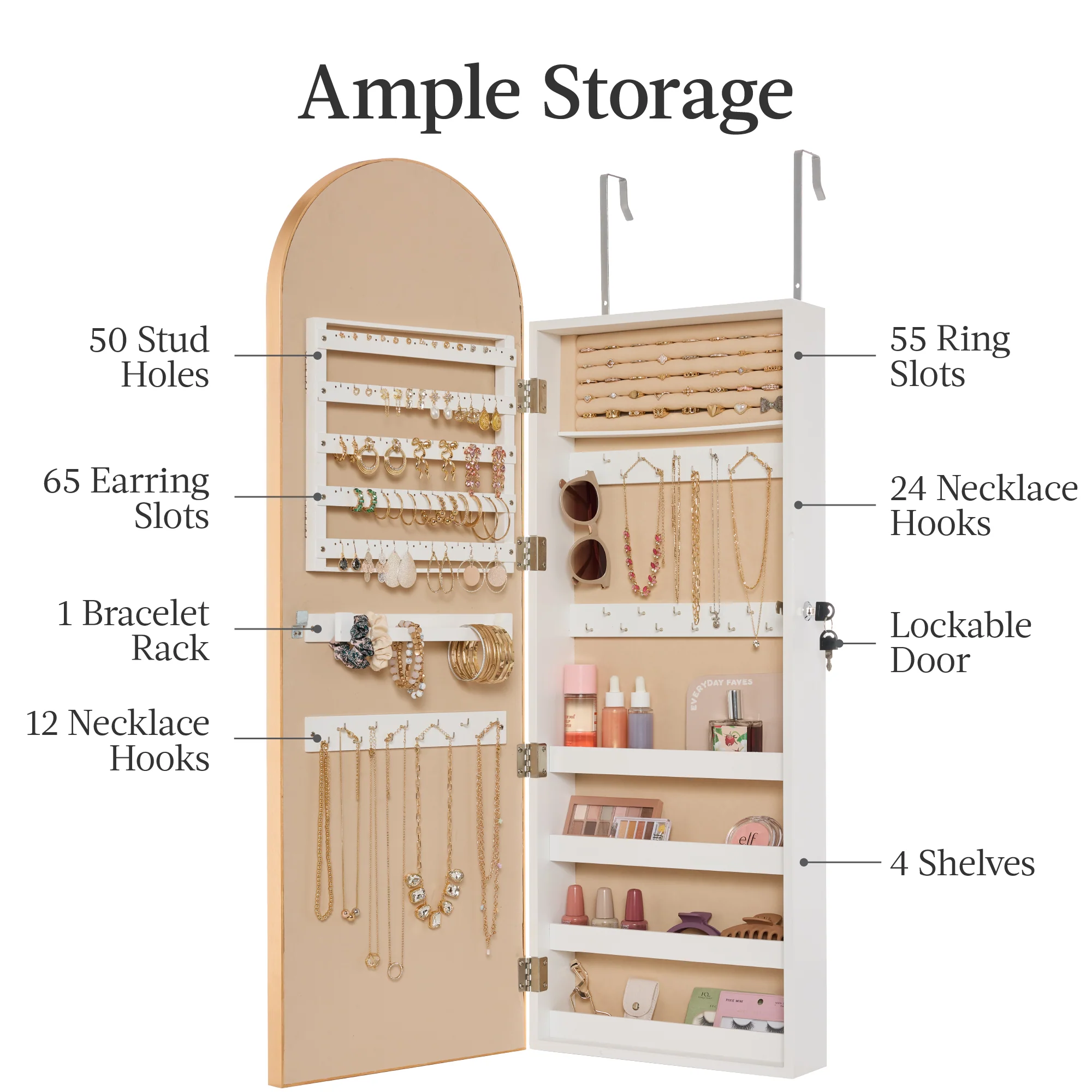 Door/Wall Mounted Arch Mirror Jewelry Armoire, w/ Metal Frame, Built-In Lock - Image 24