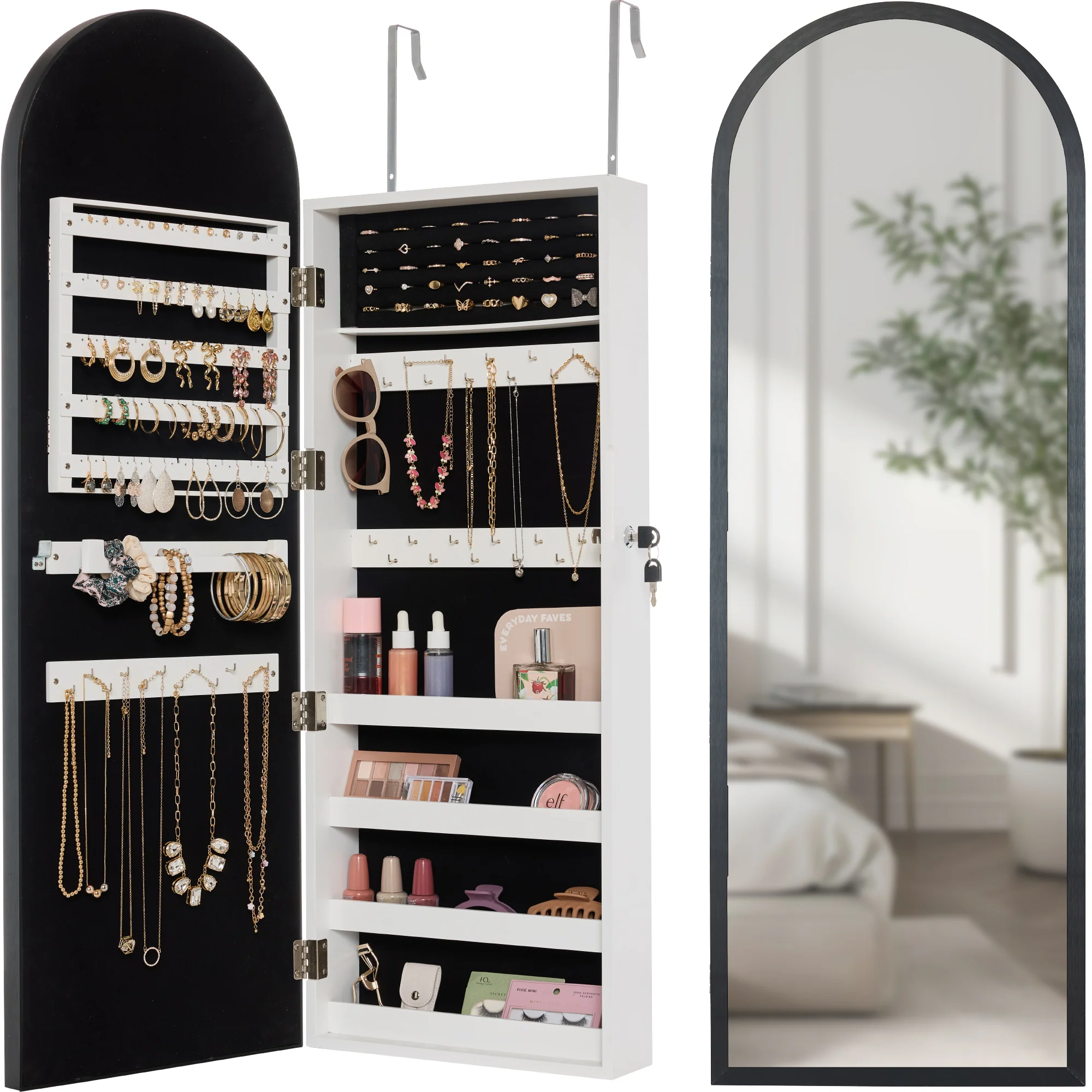 Door/Wall Mounted Arch Mirror Jewelry Armoire, w/ Metal Frame, Built-In Lock - Image 25