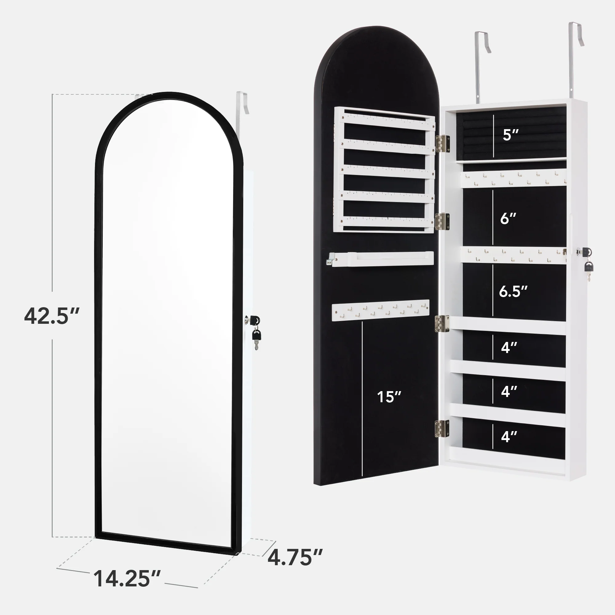 Door/Wall Mounted Arch Mirror Jewelry Armoire, w/ Metal Frame, Built-In Lock - Image 26
