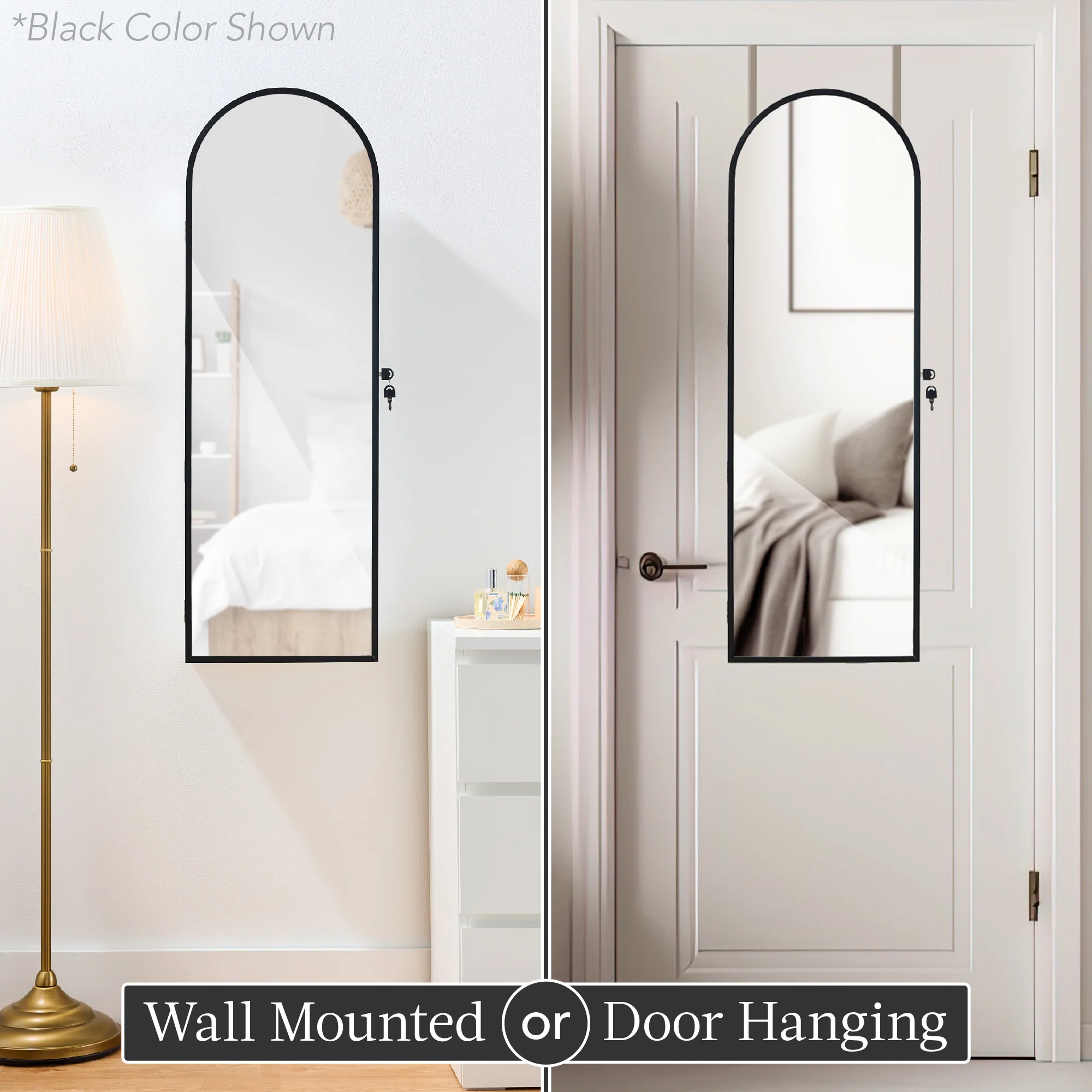 Door/Wall Mounted Arch Mirror Jewelry Armoire, w/ Metal Frame, Built-In Lock - Image 31
