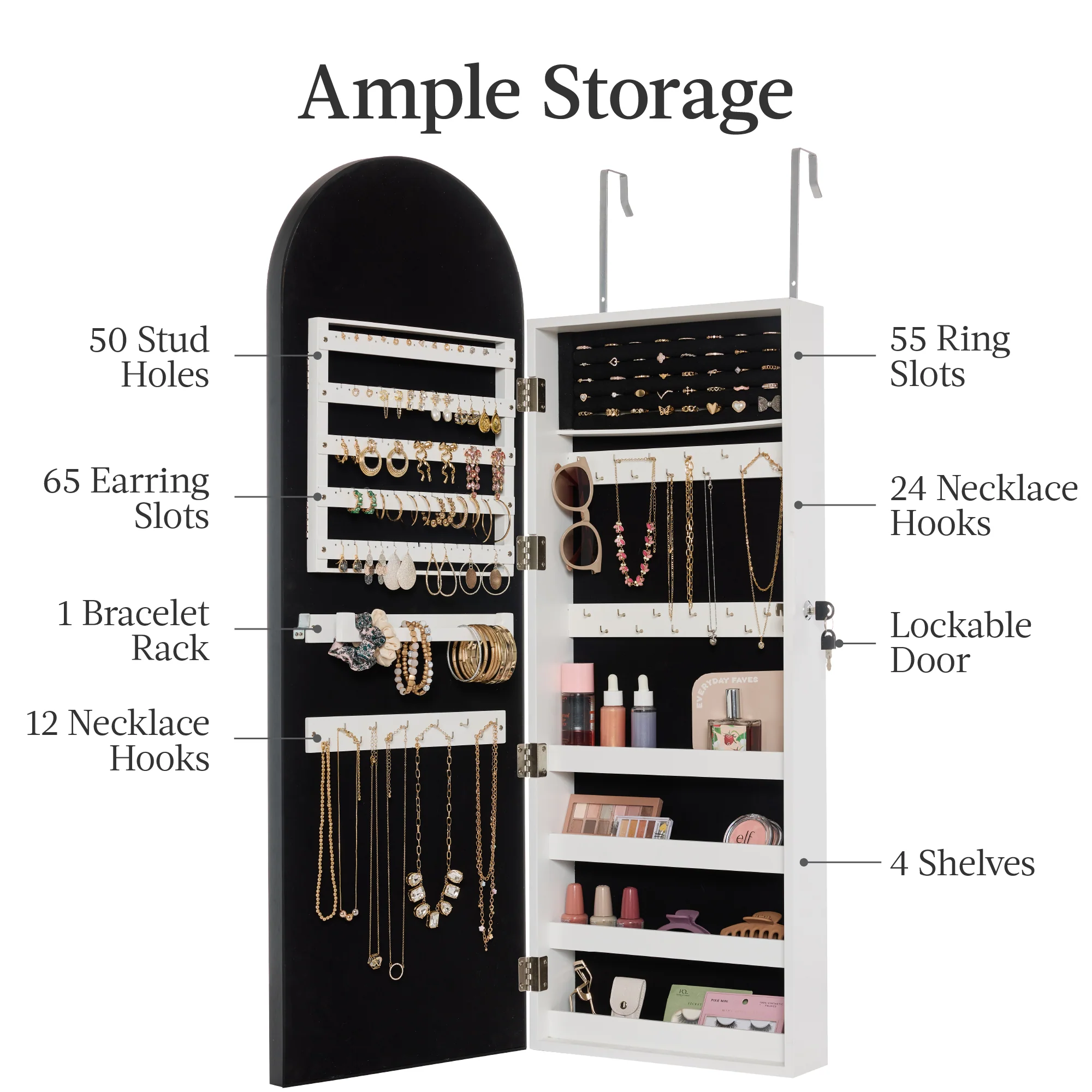 Door/Wall Mounted Arch Mirror Jewelry Armoire, w/ Metal Frame, Built-In Lock - Image 32