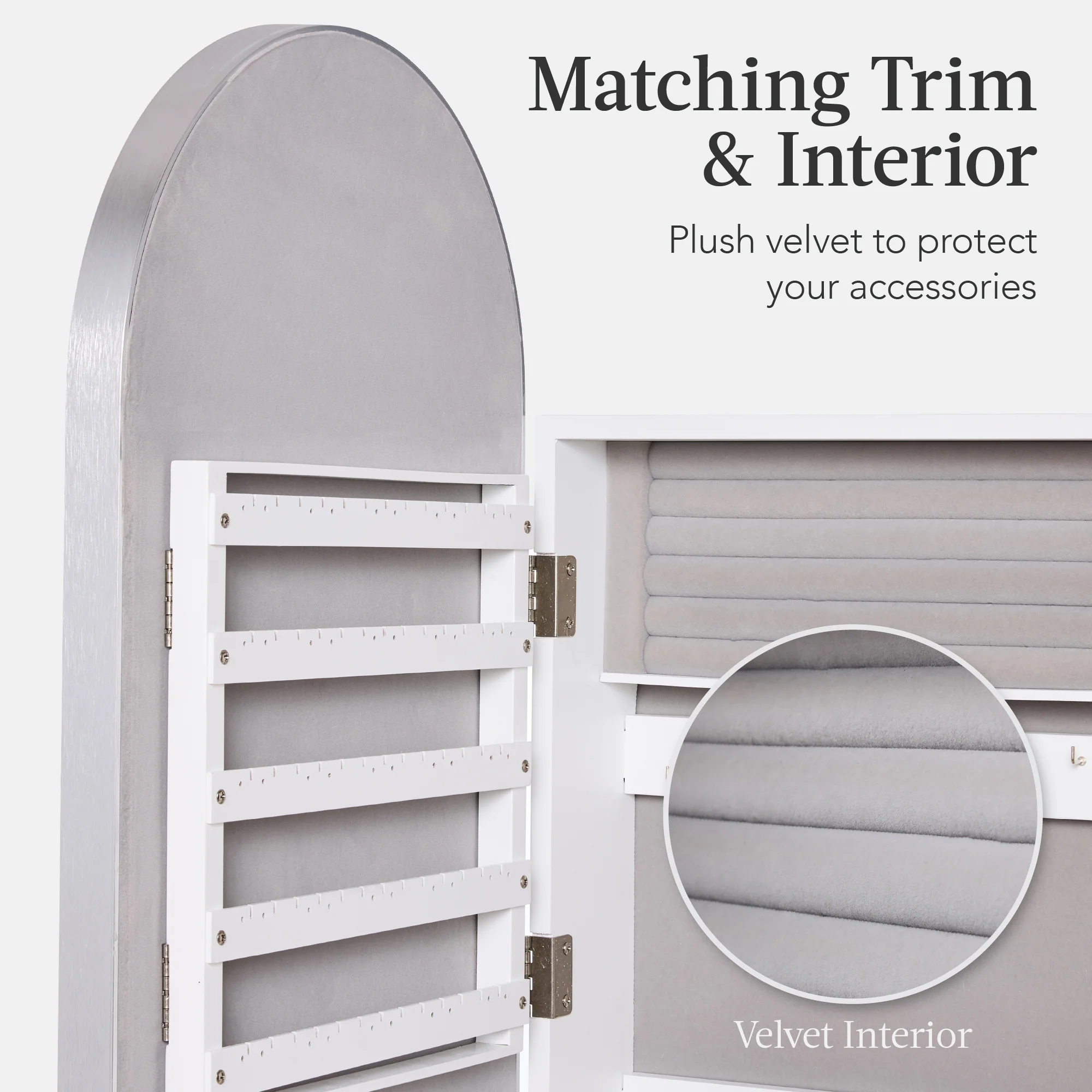 Door/Wall Mounted Arch Mirror Jewelry Armoire, w/ Metal Frame, Built-In Lock - Image 4