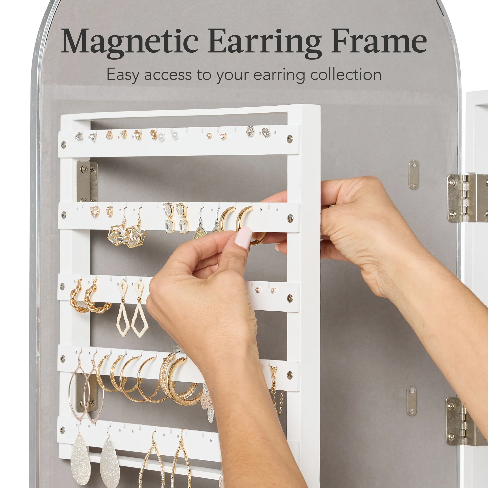Door/Wall Mounted Arch Mirror Jewelry Armoire, w/ Metal Frame, Built-In Lock - Image 6