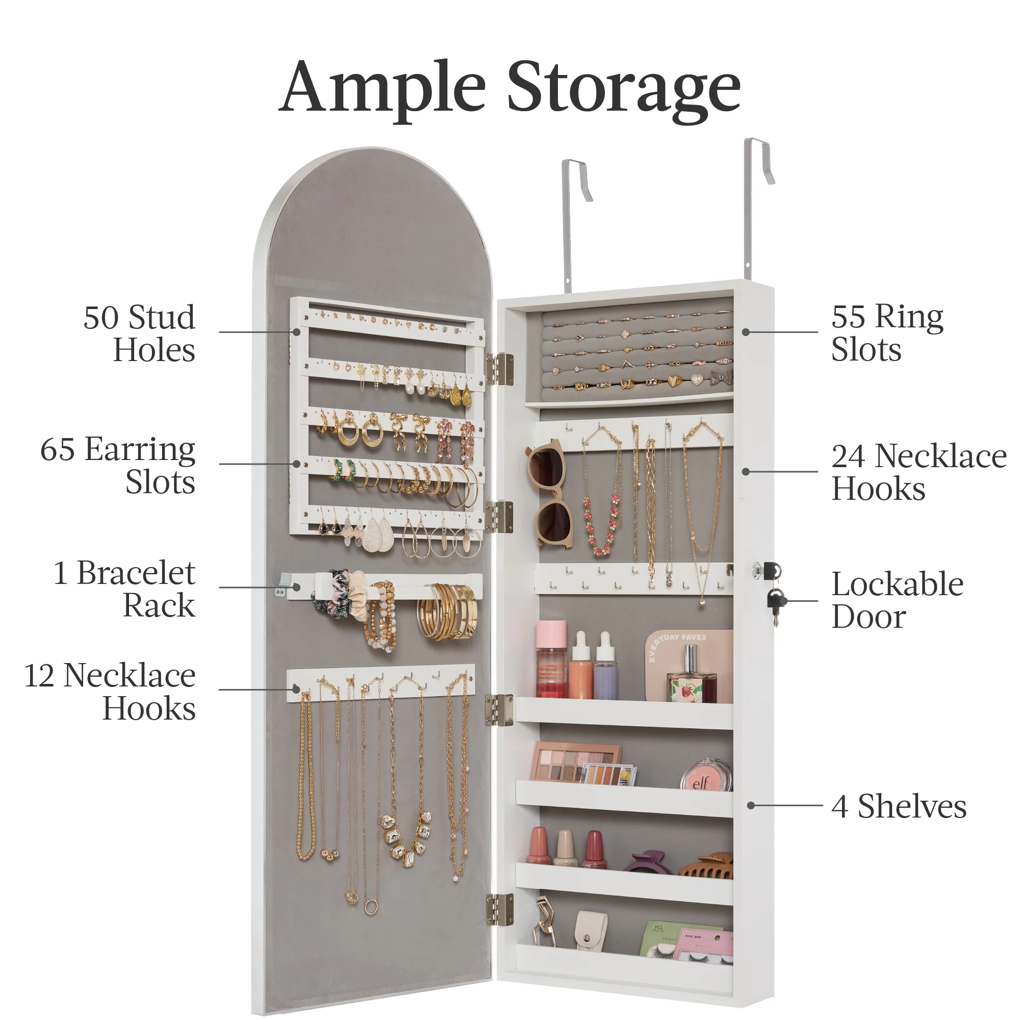Door/Wall Mounted Arch Mirror Jewelry Armoire, w/ Metal Frame, Built-In Lock - Image 8