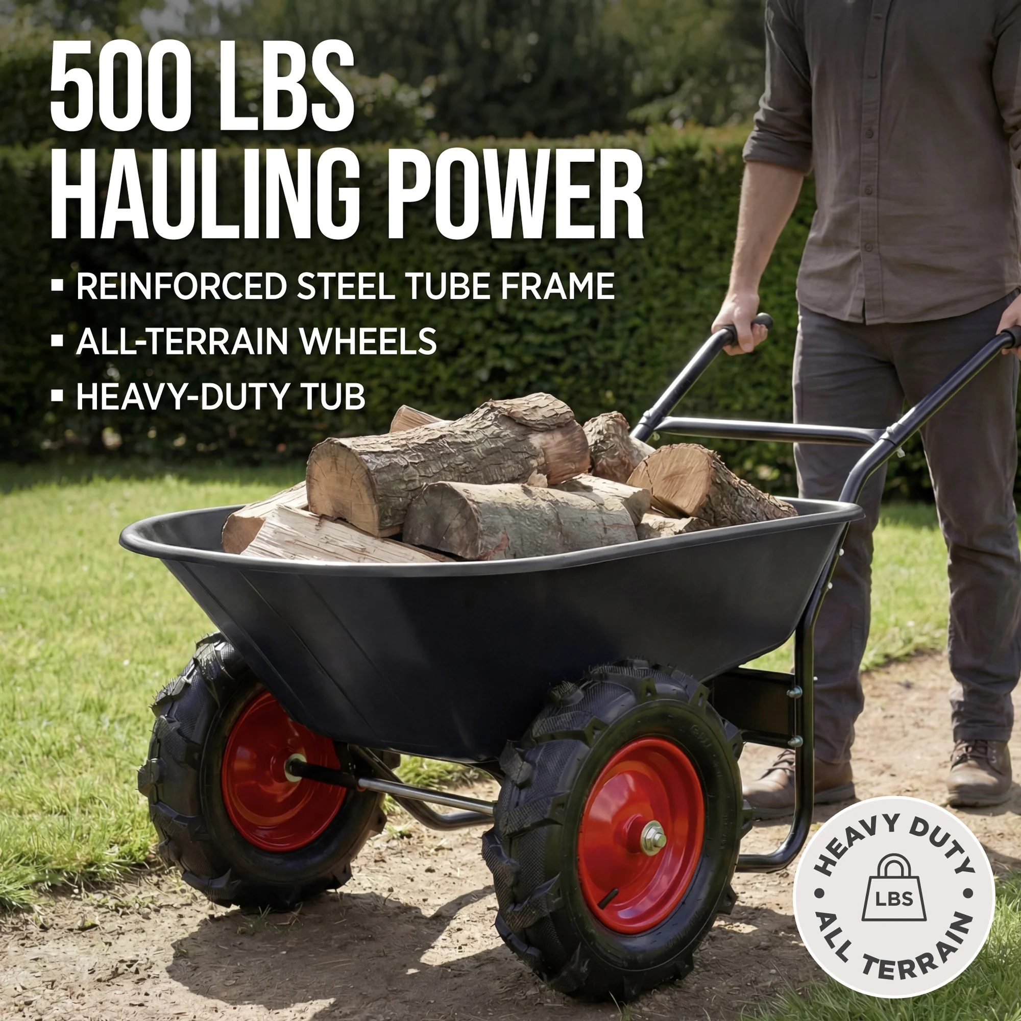 Dual-Wheel Wheelbarrow w/Built in Stand, 500lb Capacity, Extra Large Wheels - Image 19