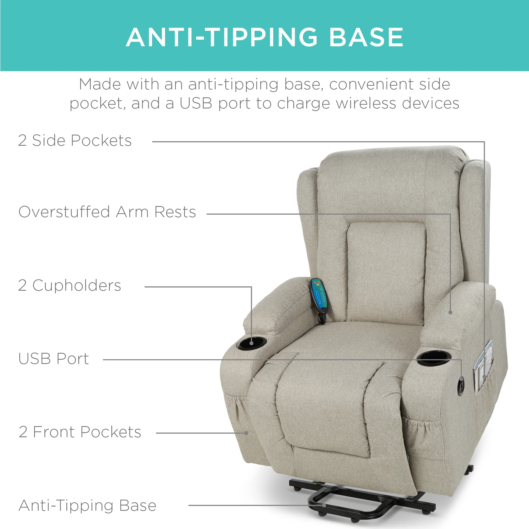 Electric Power Lift Recliner Massage Chair w/ Heat, USB Port, Cupholders - Image 29