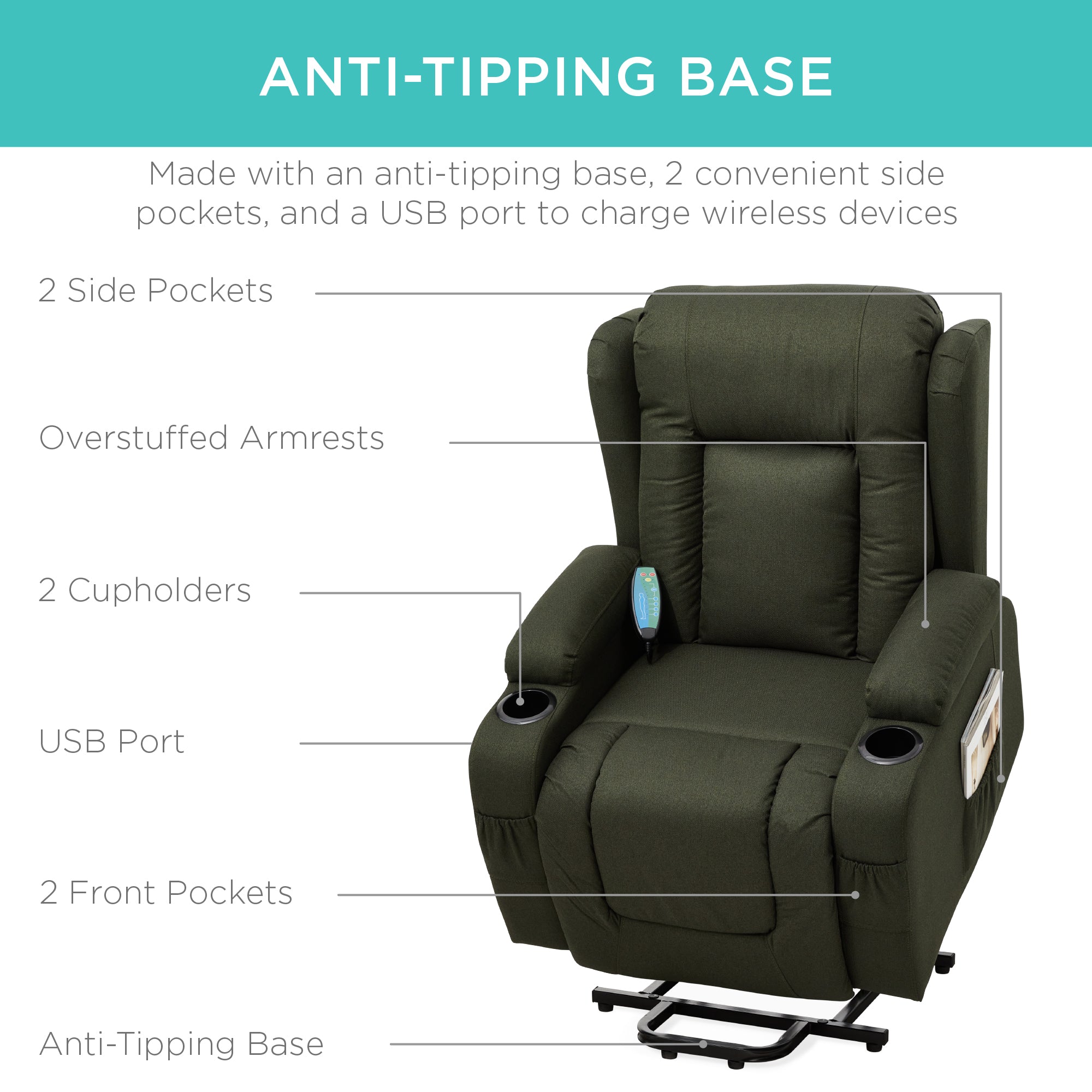 Electric Power Lift Recliner Massage Chair w/ Heat, USB Port, Cupholders - Image 37