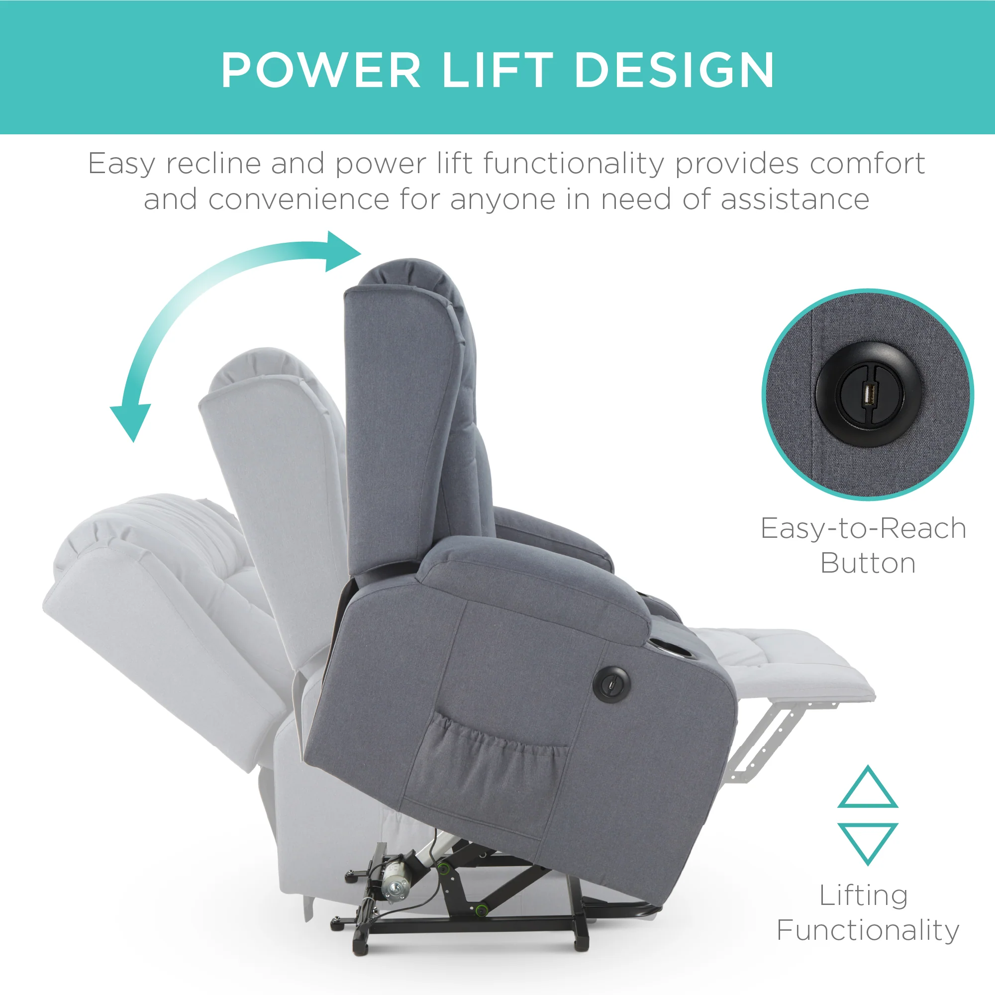 Electric Power Lift Recliner Massage Chair w/ Heat, USB Port, Cupholders - Image 51