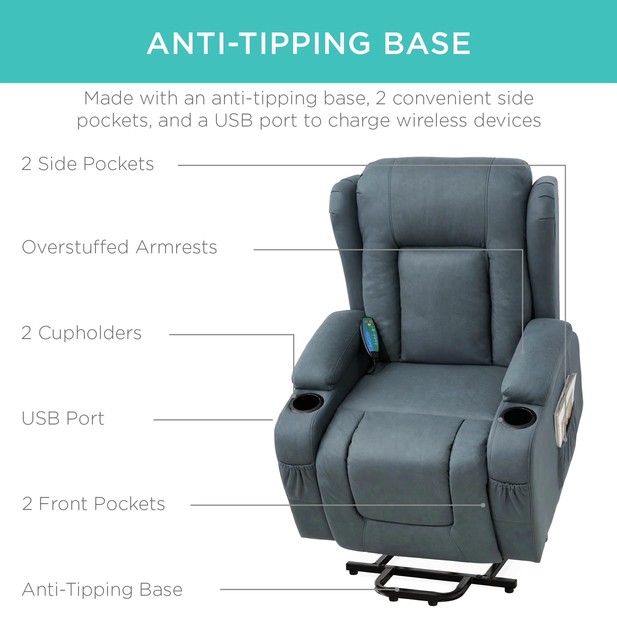 Electric Power Lift Recliner Massage Chair w/ Heat, USB Port, Cupholders - Image 45