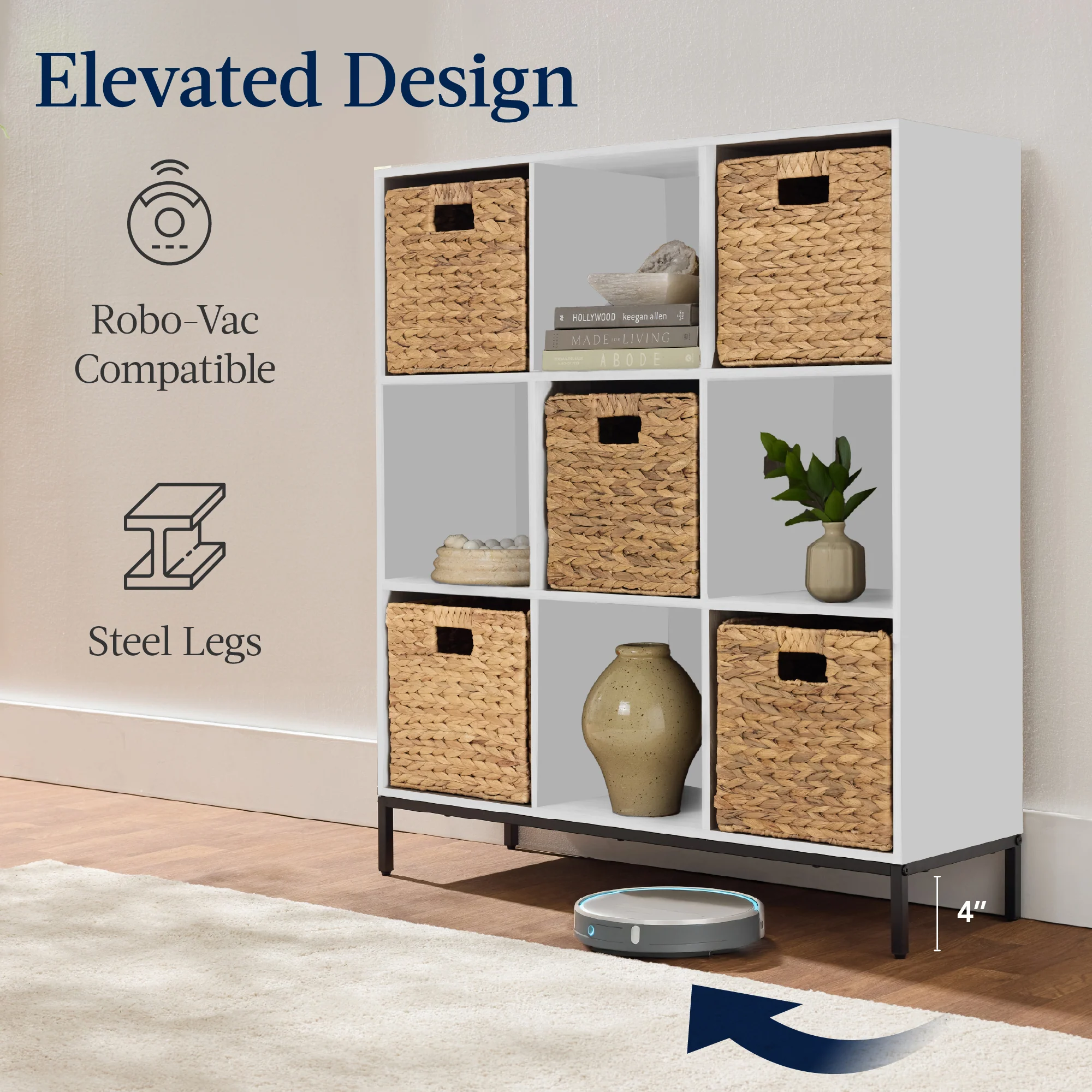 Elevated 9-Cube Storage Organizer, 11in Bookshelf, w/ Metal Legs - Image 15