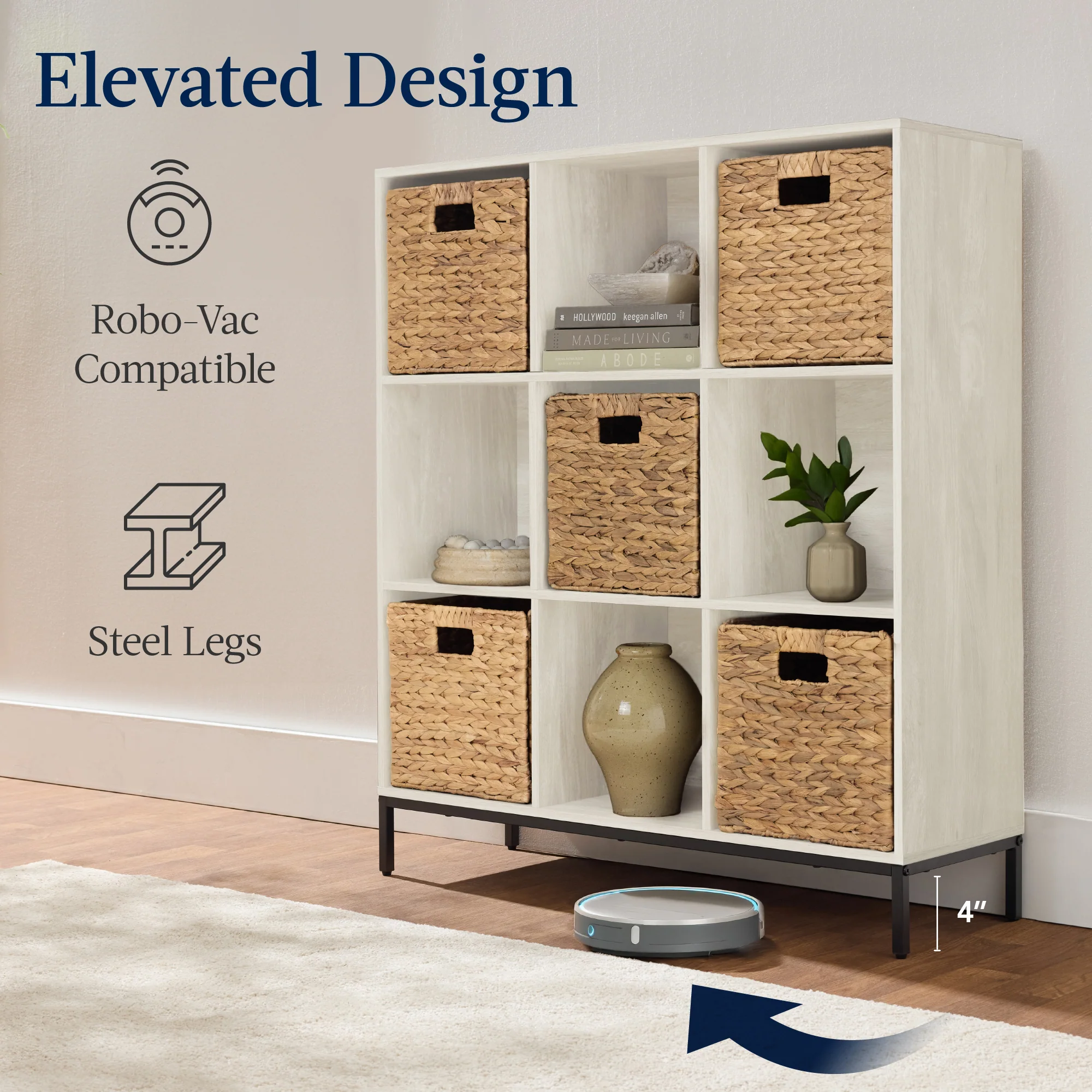 Elevated 9-Cube Storage Organizer, 11in Bookshelf, w/ Metal Legs - Image 30