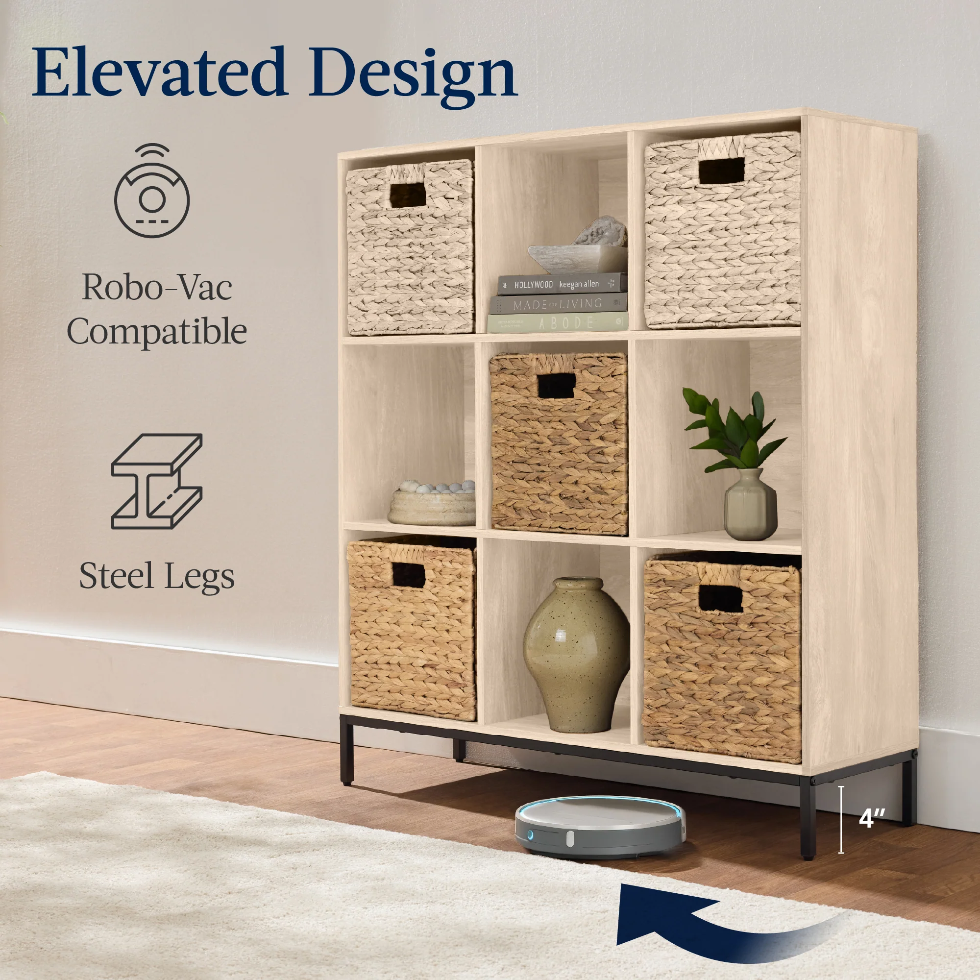Elevated 9-Cube Storage Organizer, 11in Bookshelf, w/ Metal Legs - Image 38