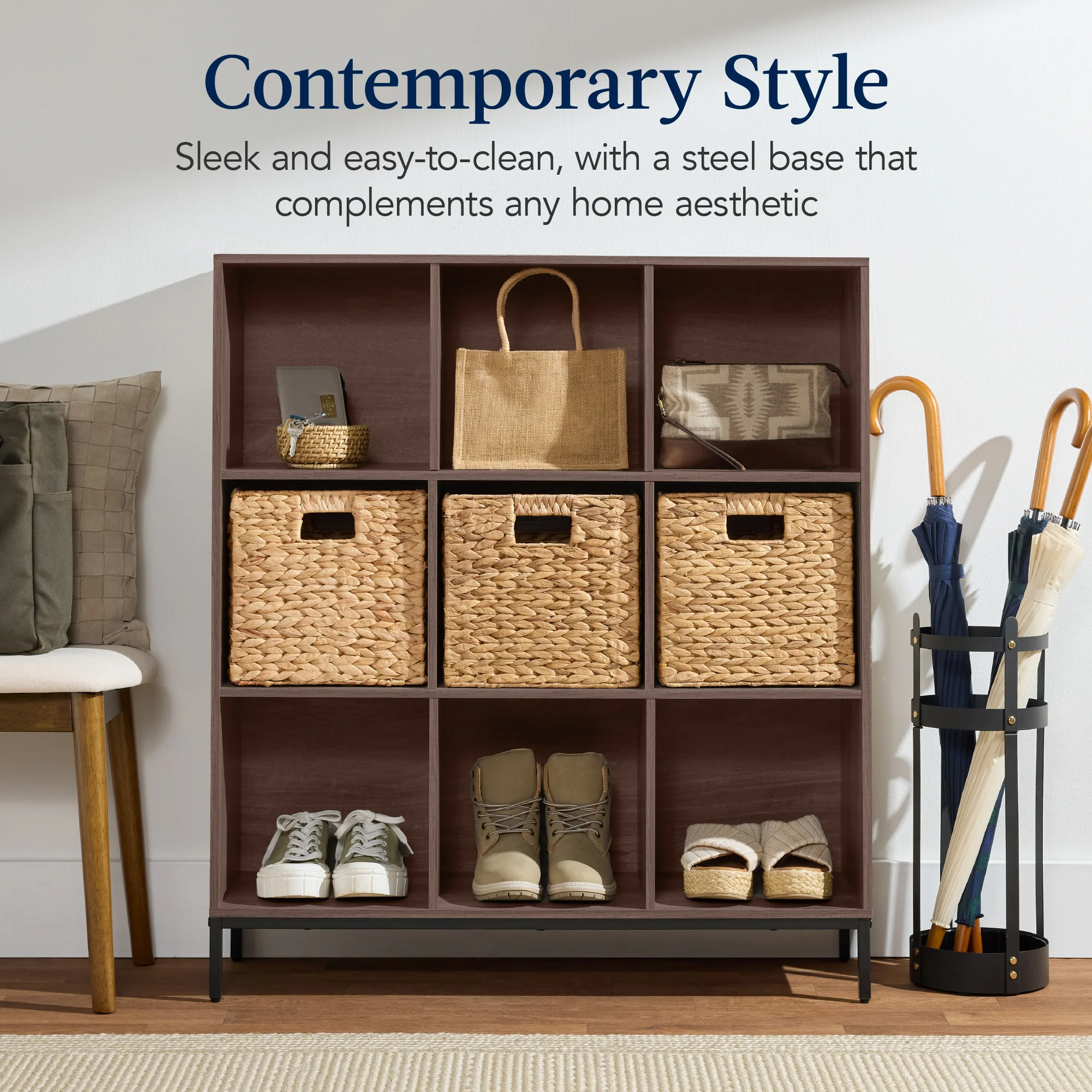 Elevated 9-Cube Storage Organizer, 11in Bookshelf, w/ Metal Legs - Image 4