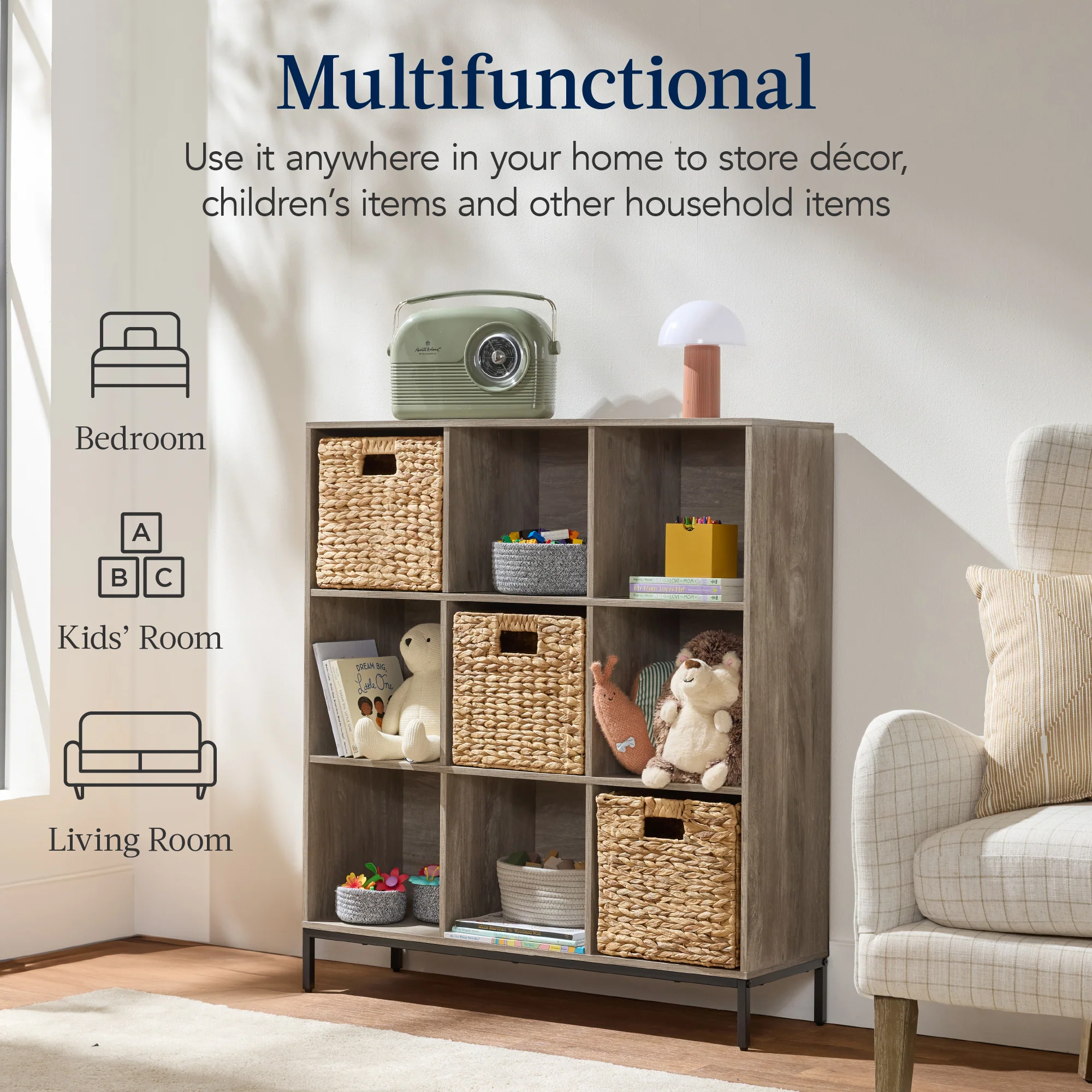 Elevated 9-Cube Storage Organizer, 11in Bookshelf, w/ Metal Legs - Image 44