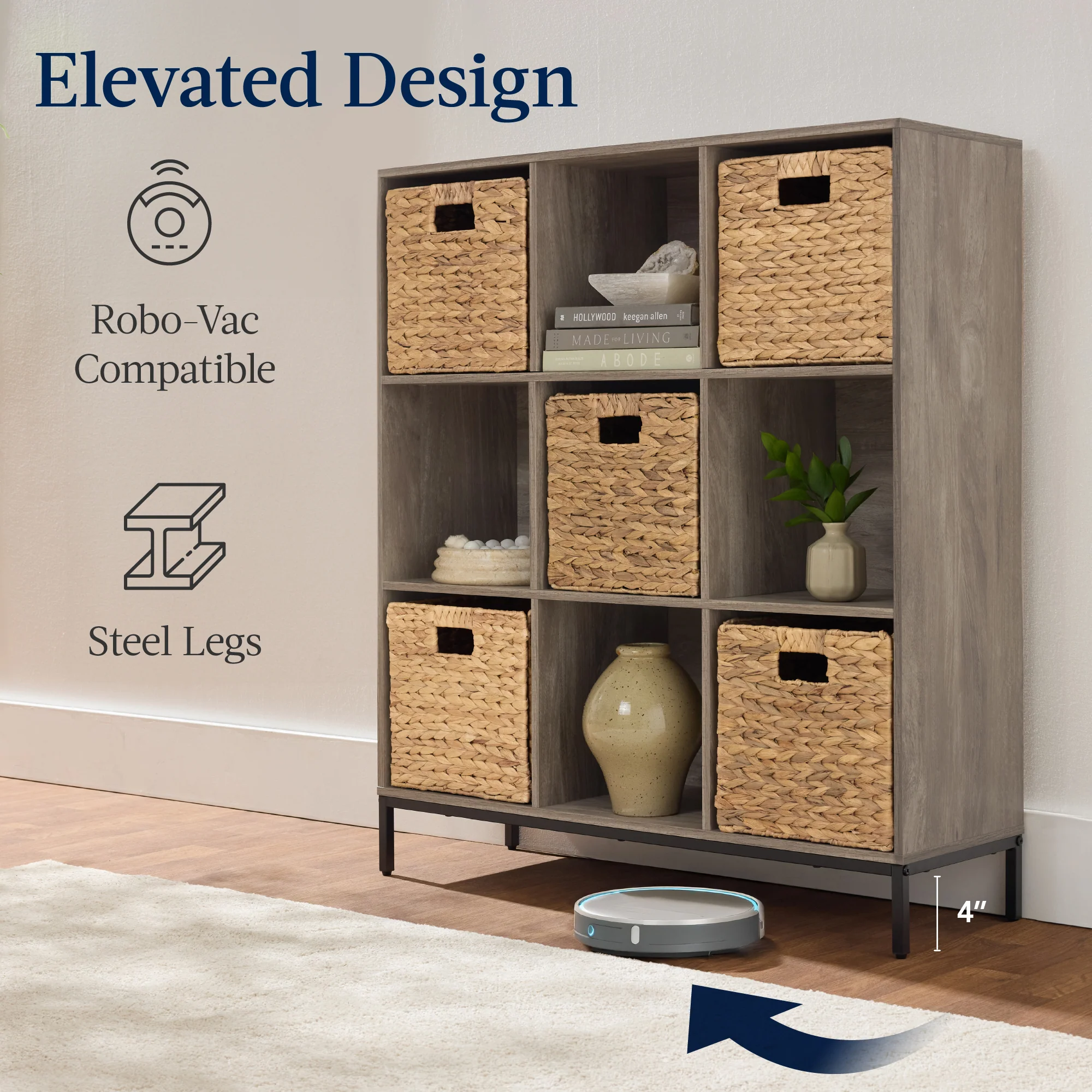 Elevated 9-Cube Storage Organizer, 11in Bookshelf, w/ Metal Legs - Image 46