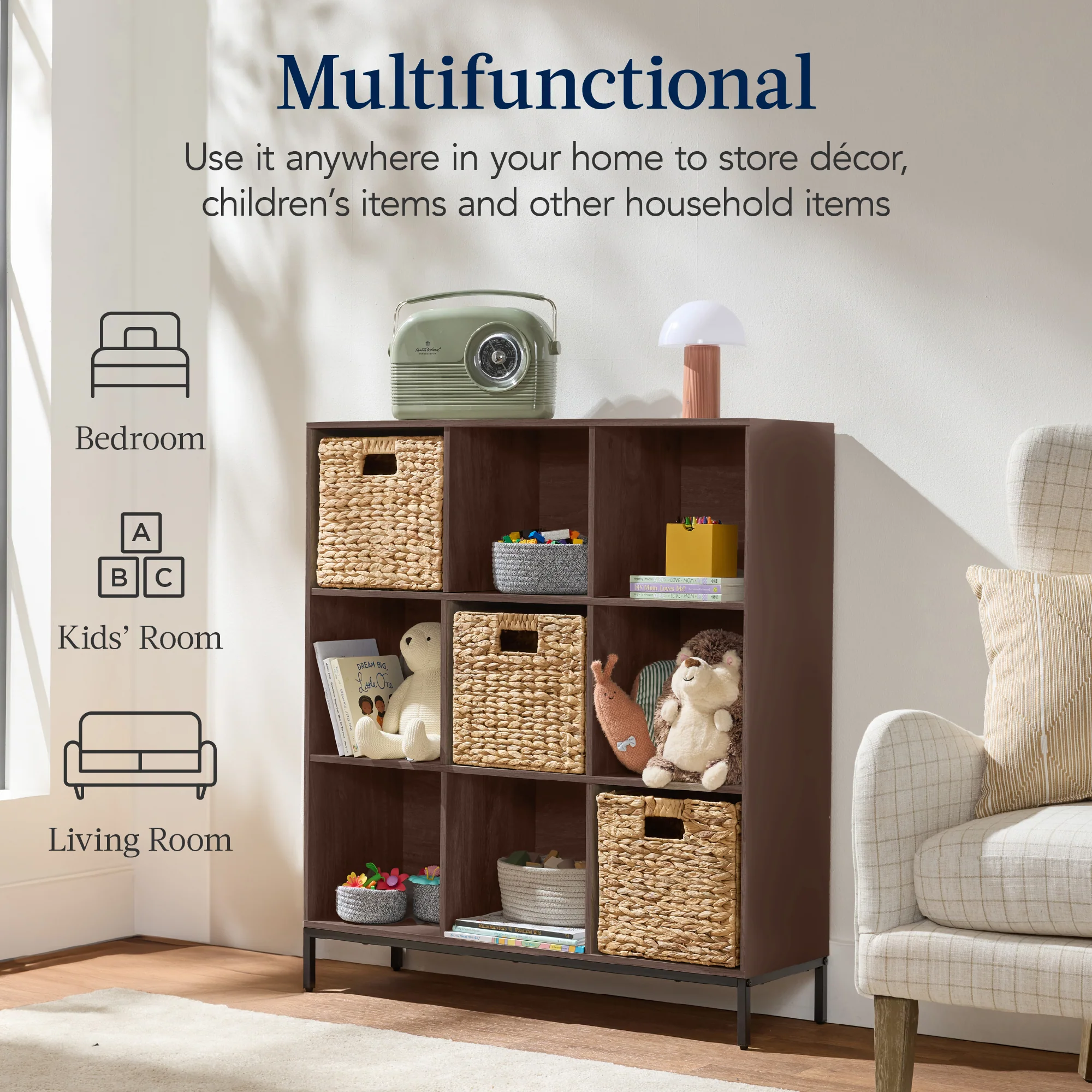 Elevated 9-Cube Storage Organizer, 11in Bookshelf, w/ Metal Legs - Image 5