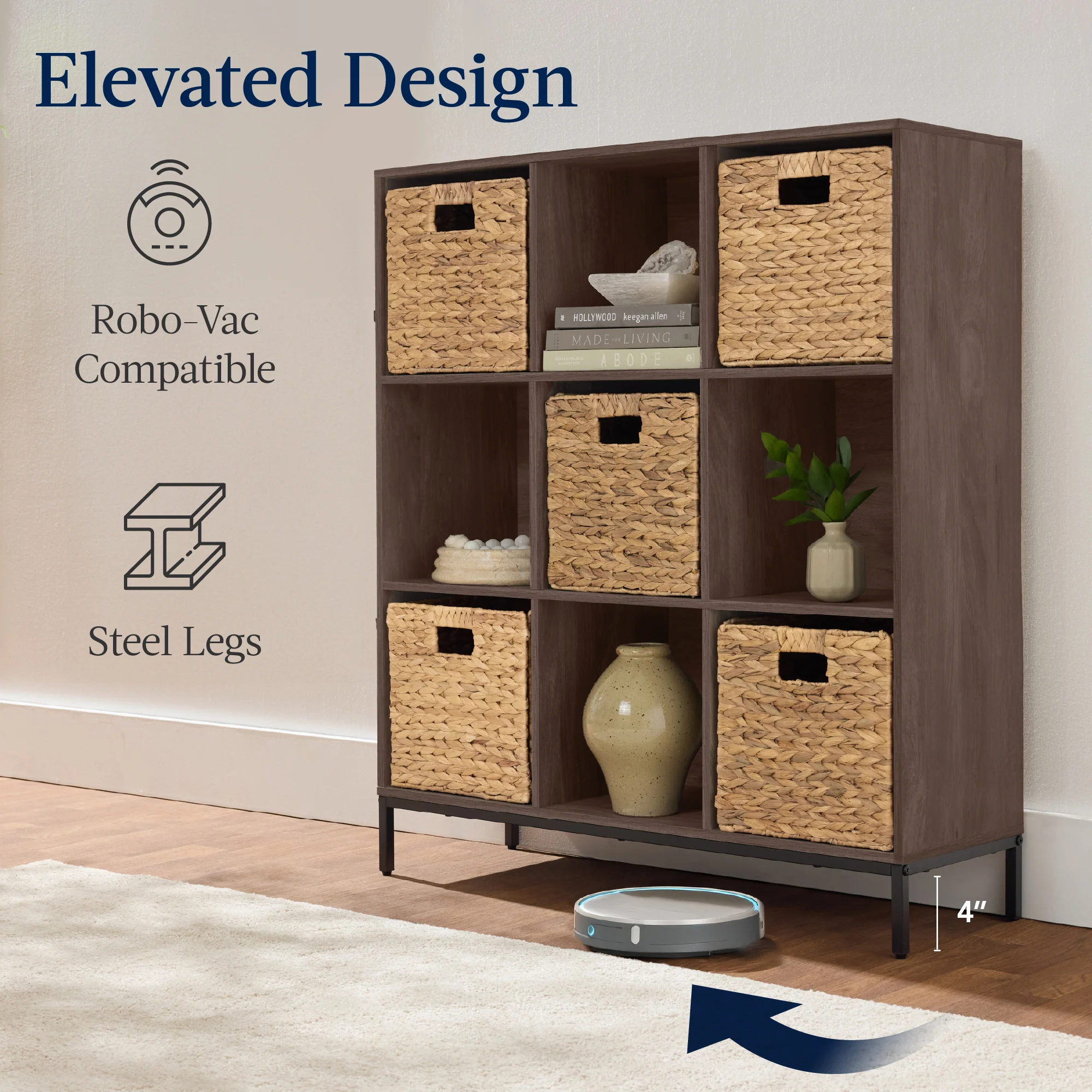 Elevated 9-Cube Storage Organizer, 11in Bookshelf, w/ Metal Legs - Image 7