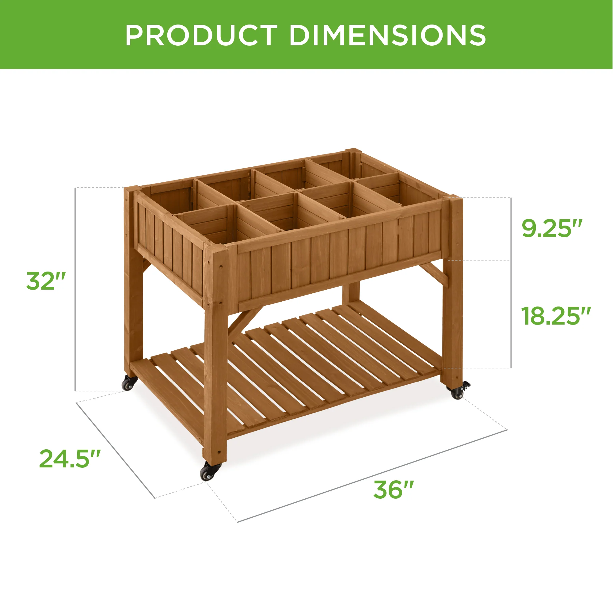 Elevated Mobile Pocket Herb Garden Bed w/ Lockable Wheels, Storage Shelf - Image 7