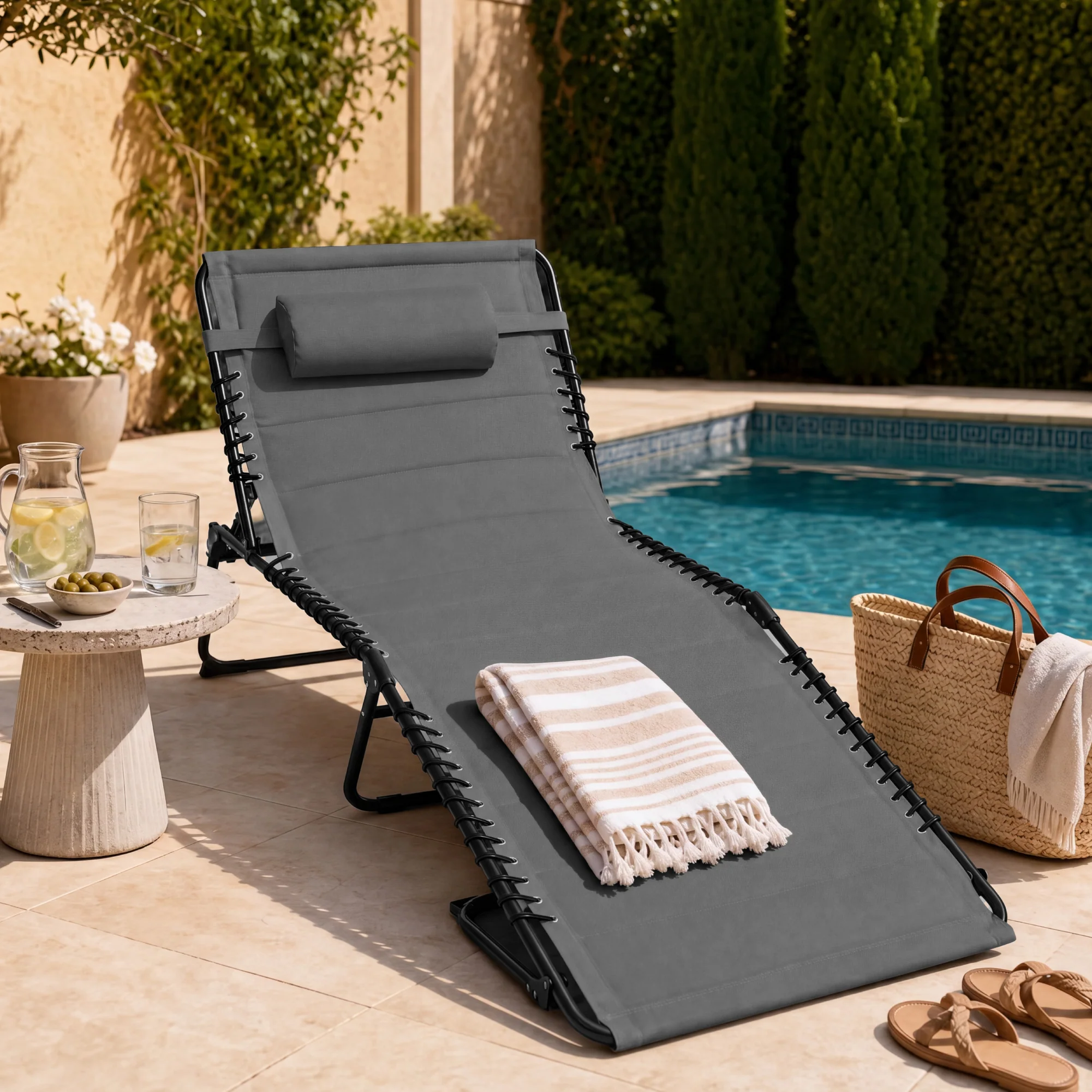 Extra Wide Padded Patio Chaise Lounge Chair, Portable Recliner 8 Positions - Image 3