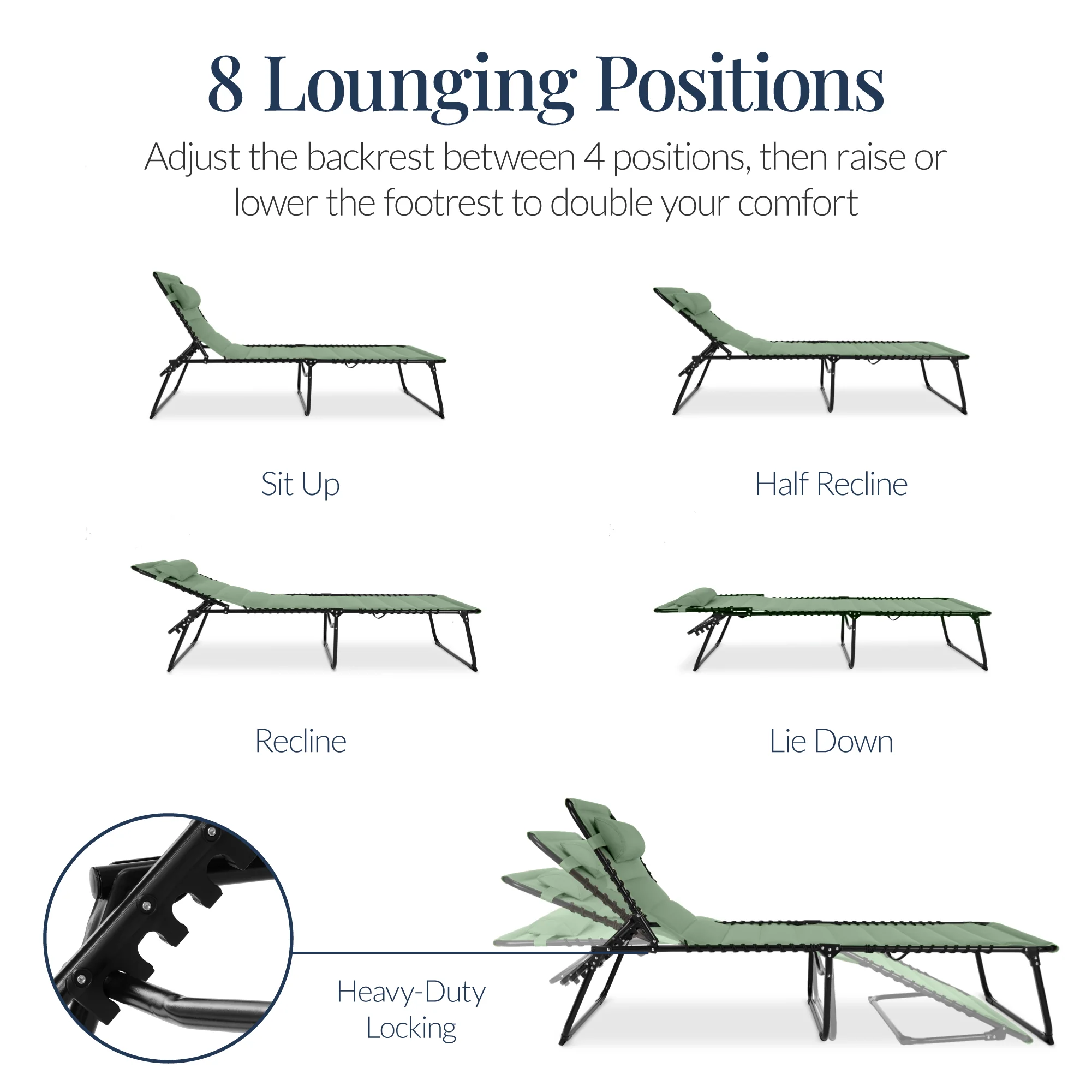 Extra Wide Padded Patio Chaise Lounge Chair, Portable Recliner 8 Positions - Image 39