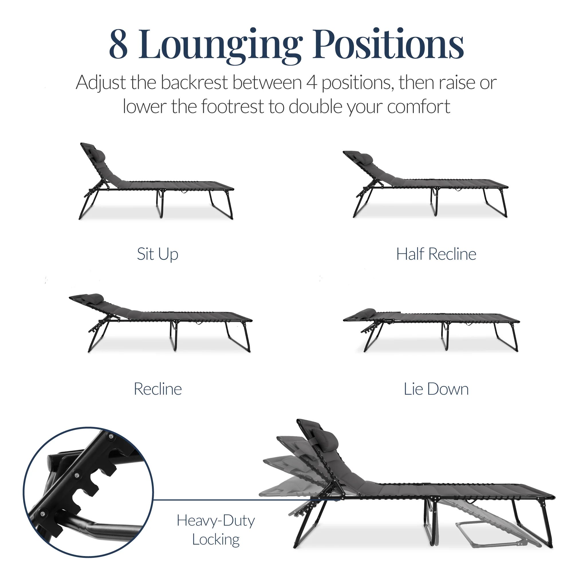 Extra Wide Padded Patio Chaise Lounge Chair, Portable Recliner 8 Positions - Image 7