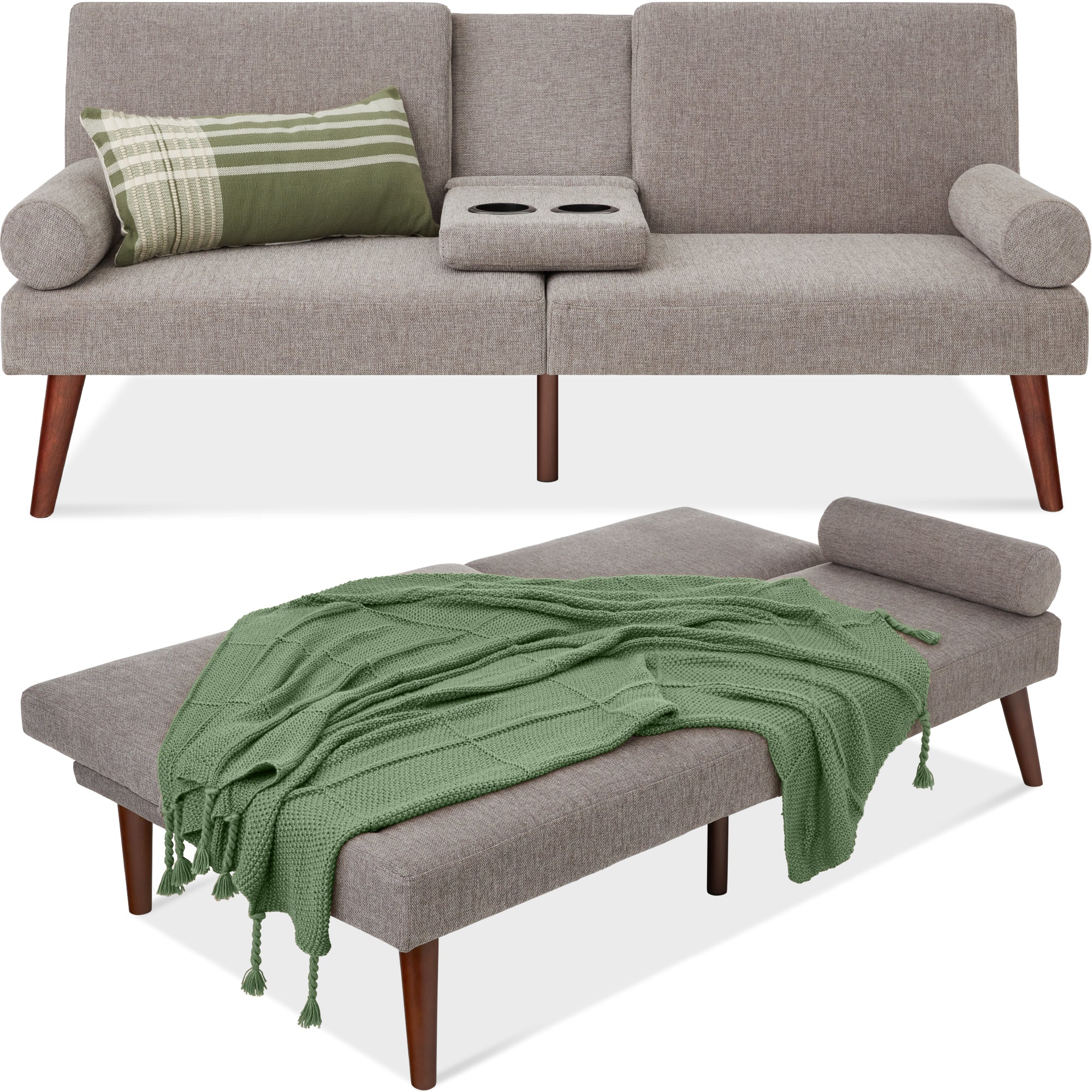 Fabric Upholstered Convertible Futon w/ Rounded Armrests, 2 Cupholders - Image 15