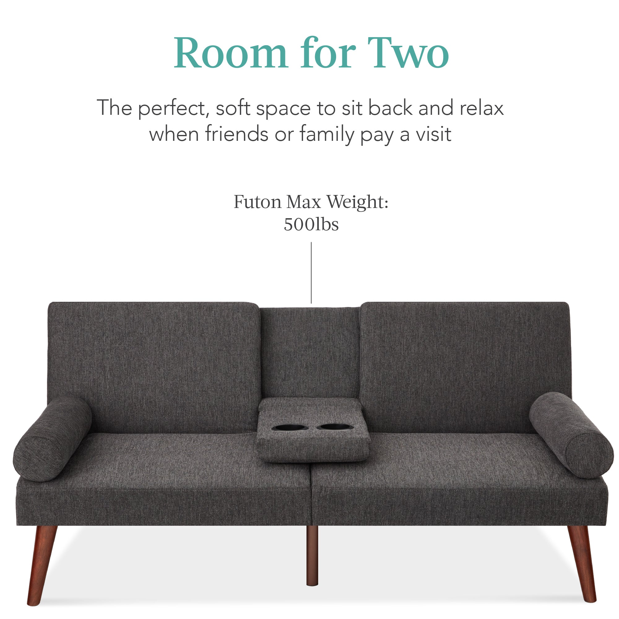 Fabric Upholstered Convertible Futon w/ Rounded Armrests, 2 Cupholders - Image 25