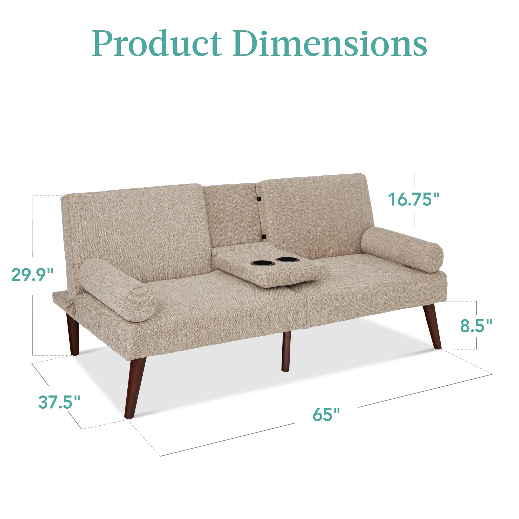 Fabric Upholstered Convertible Futon w/ Rounded Armrests, 2 Cupholders - Image 7