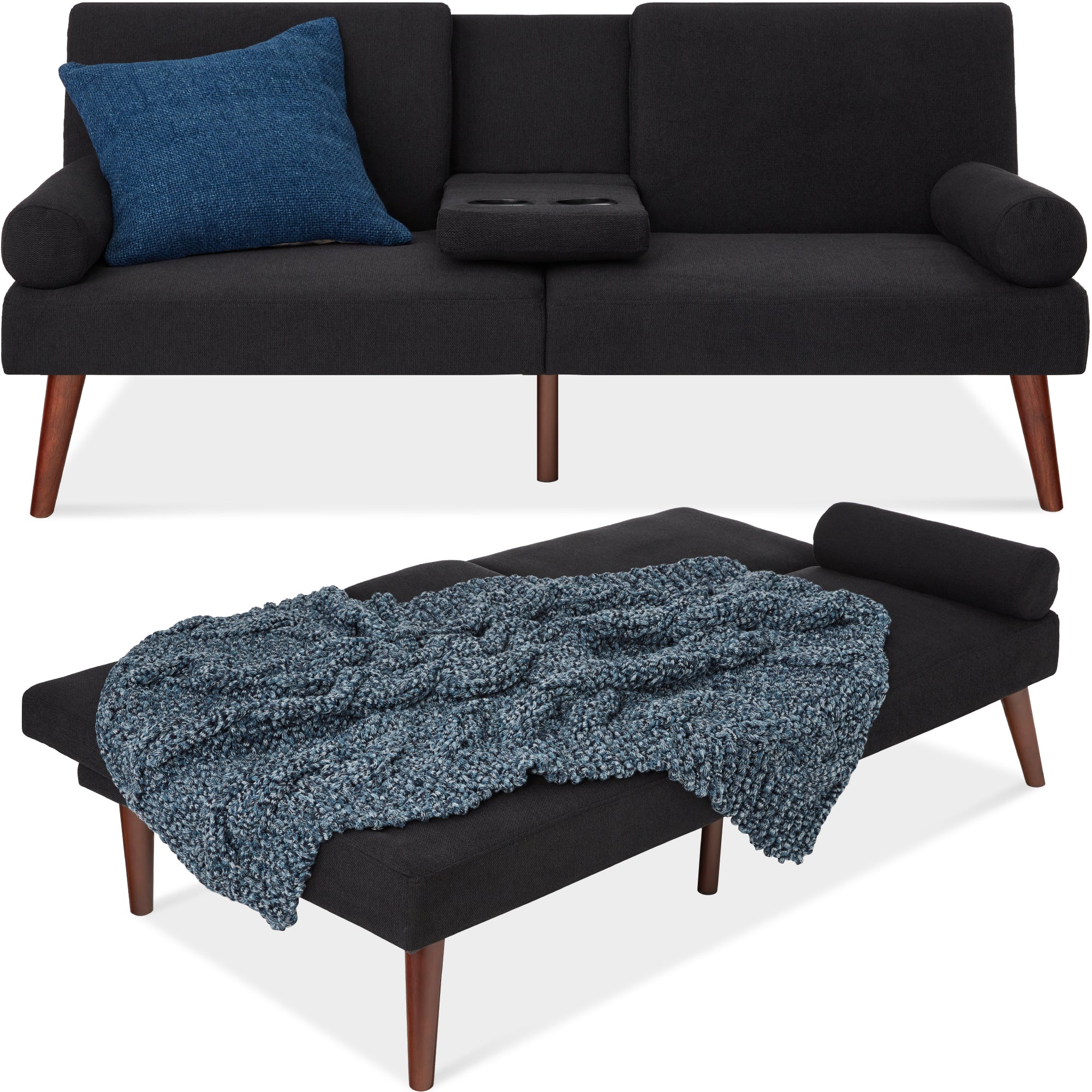 Fabric Upholstered Convertible Futon w/ Rounded Armrests, 2 Cupholders - Image 8