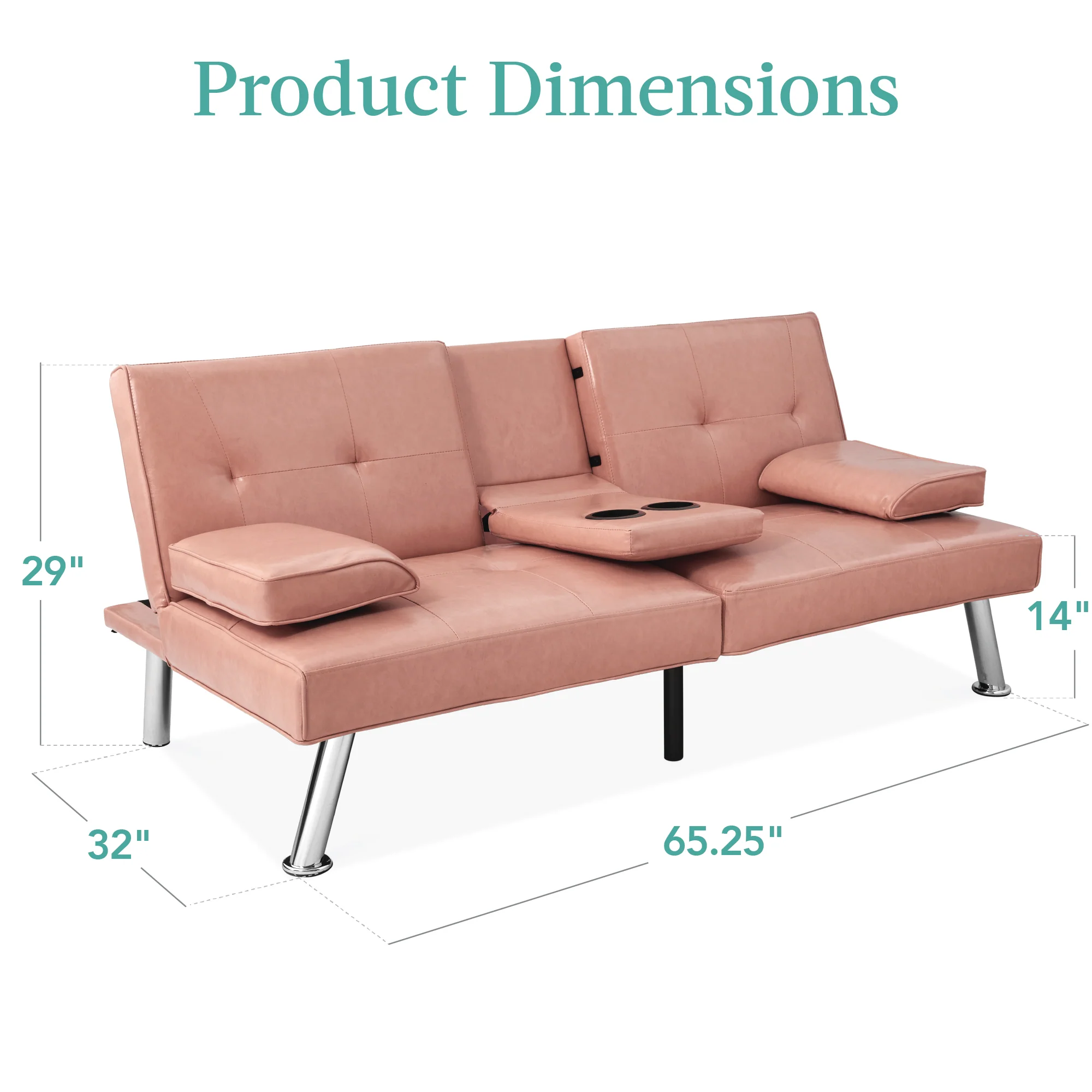 Faux Leather Upholstered Convertible Sofa Bed Futon w/ 2 Cupholders - Image 14