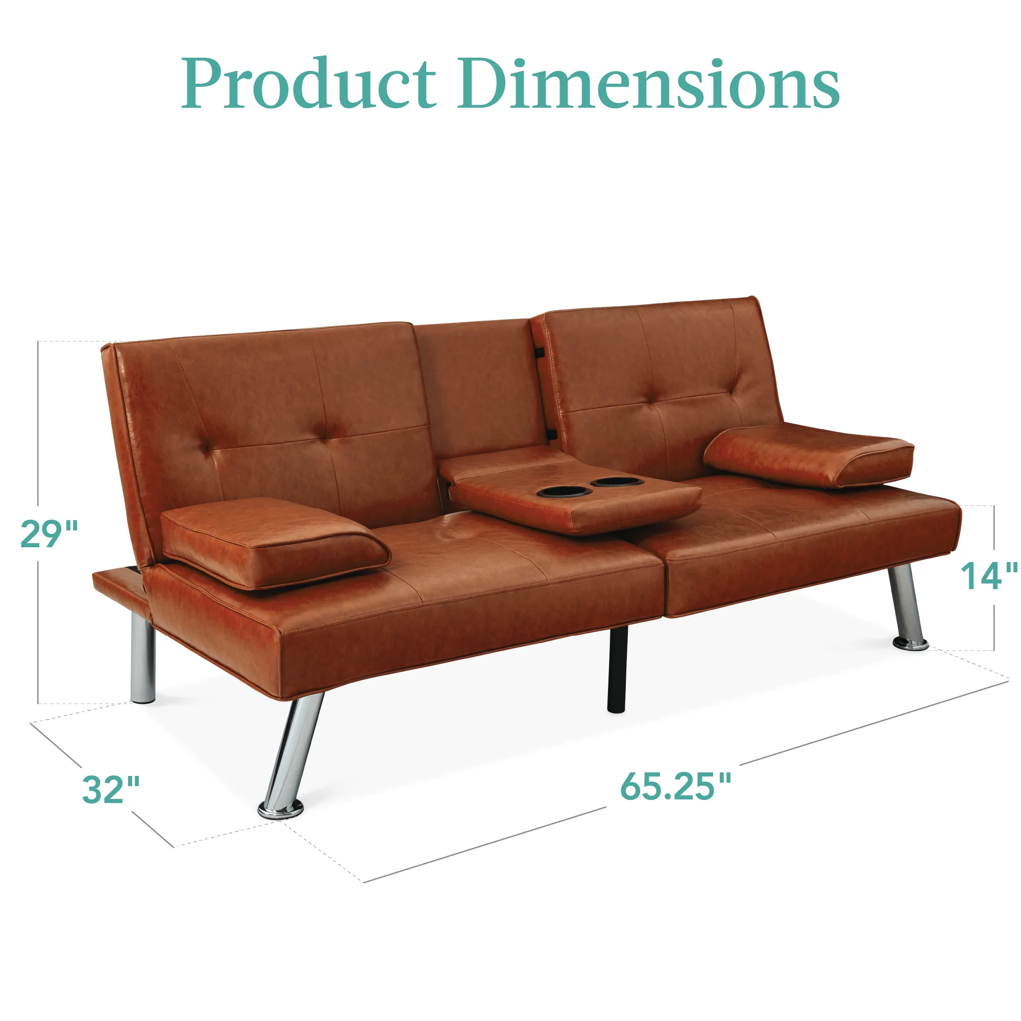 Faux Leather Upholstered Convertible Sofa Bed Futon w/ 2 Cupholders - Image 22