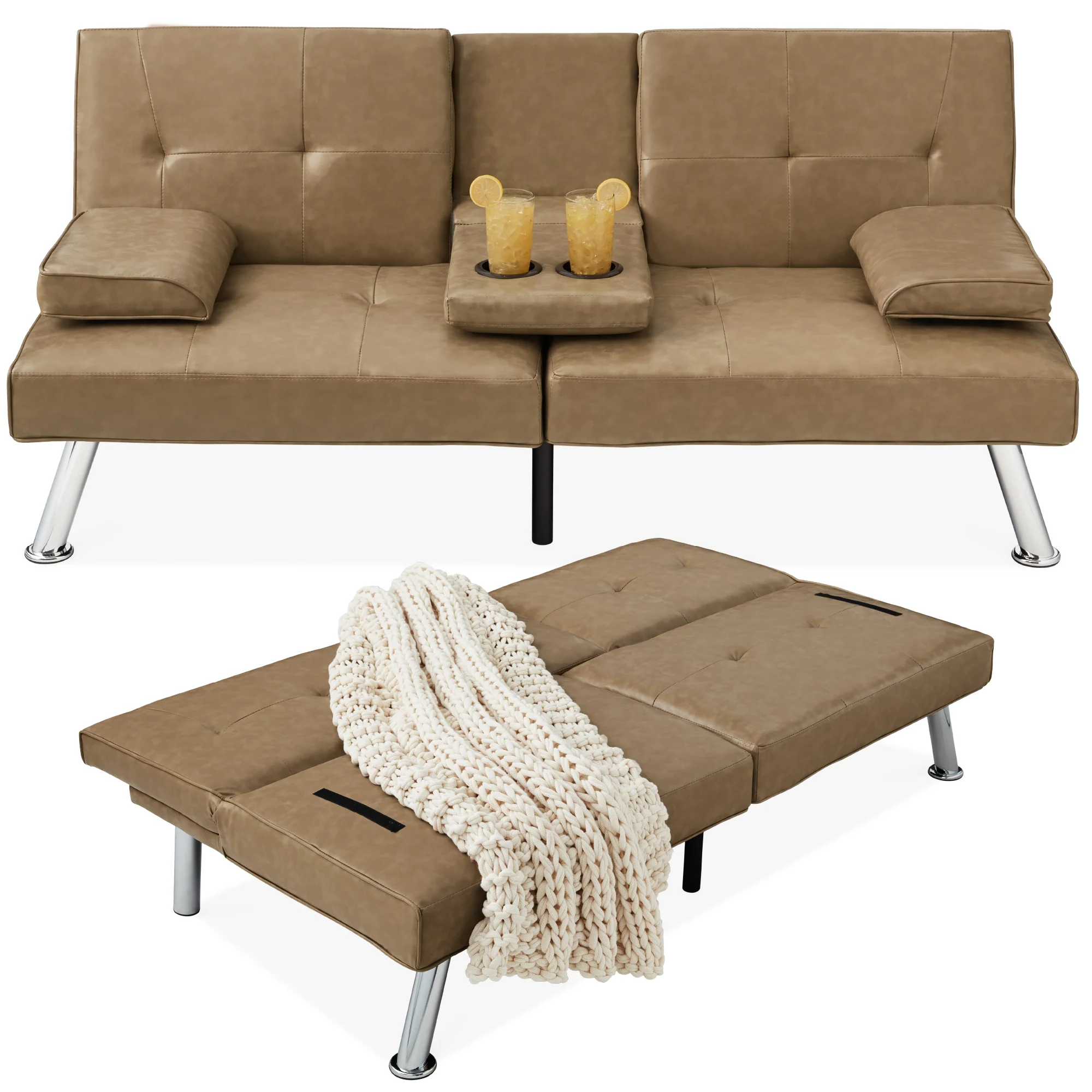Faux Leather Upholstered Convertible Sofa Bed Futon w/ 2 Cupholders - Image 24