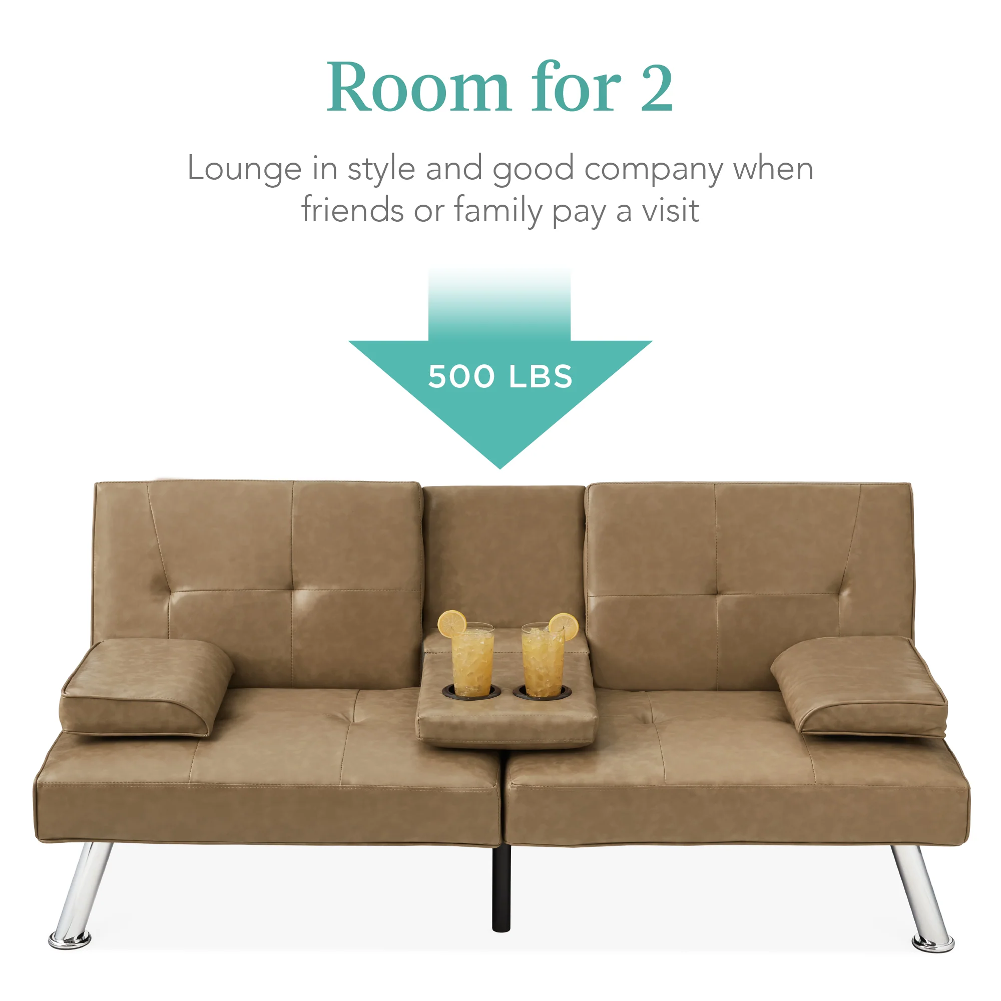 Faux Leather Upholstered Convertible Sofa Bed Futon w/ 2 Cupholders - Image 26