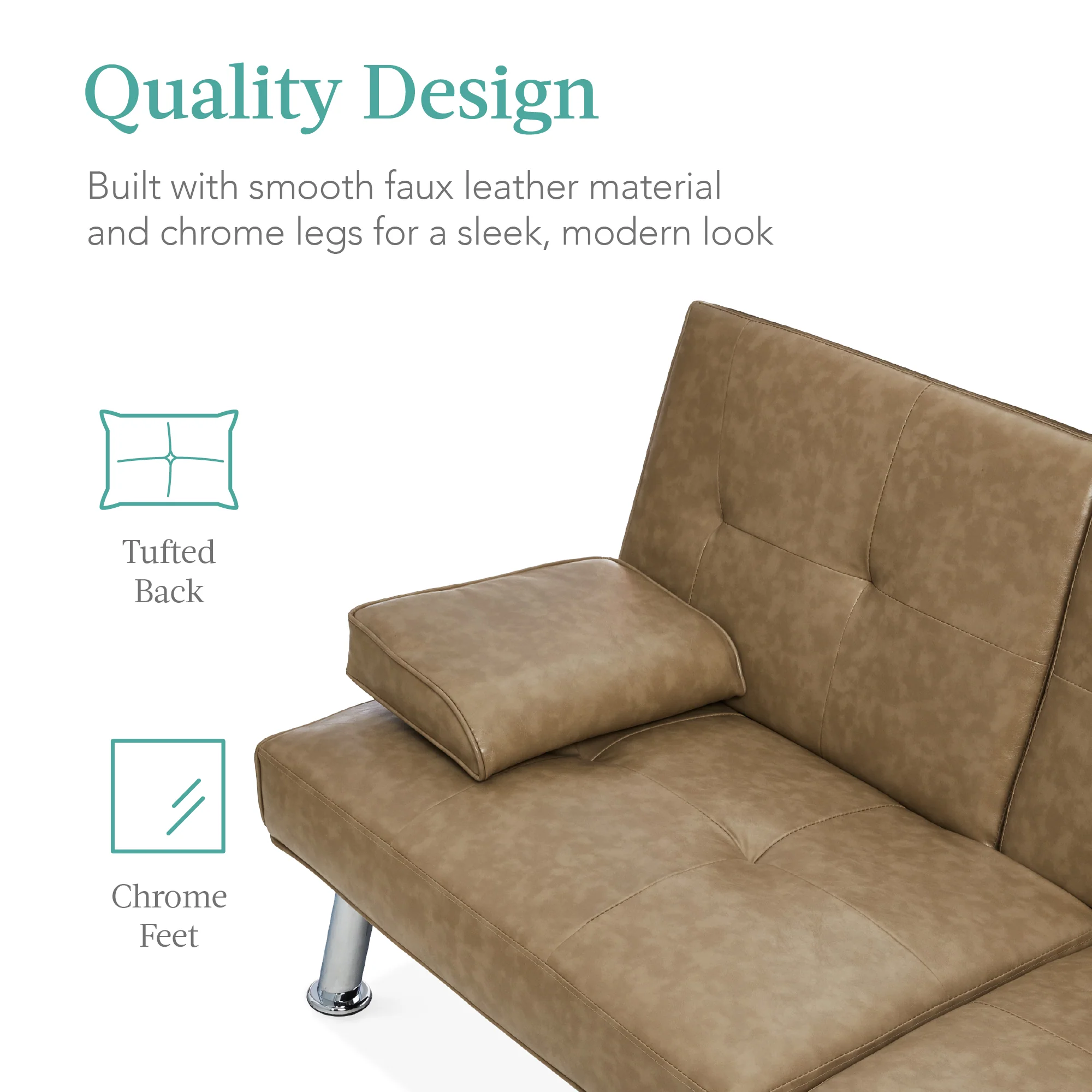 Faux Leather Upholstered Convertible Sofa Bed Futon w/ 2 Cupholders - Image 28