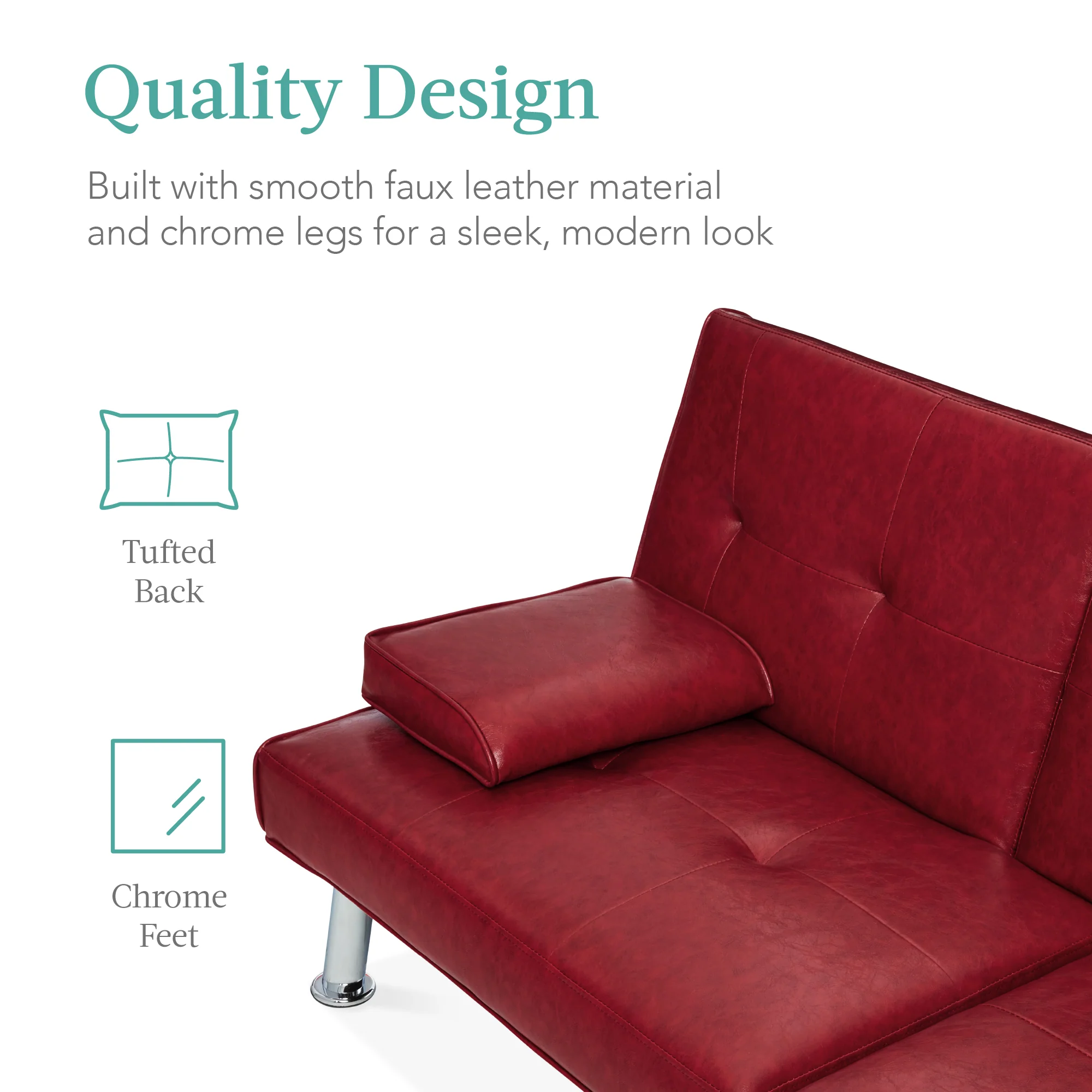 Faux Leather Upholstered Convertible Sofa Bed Futon w/ 2 Cupholders - Image 43