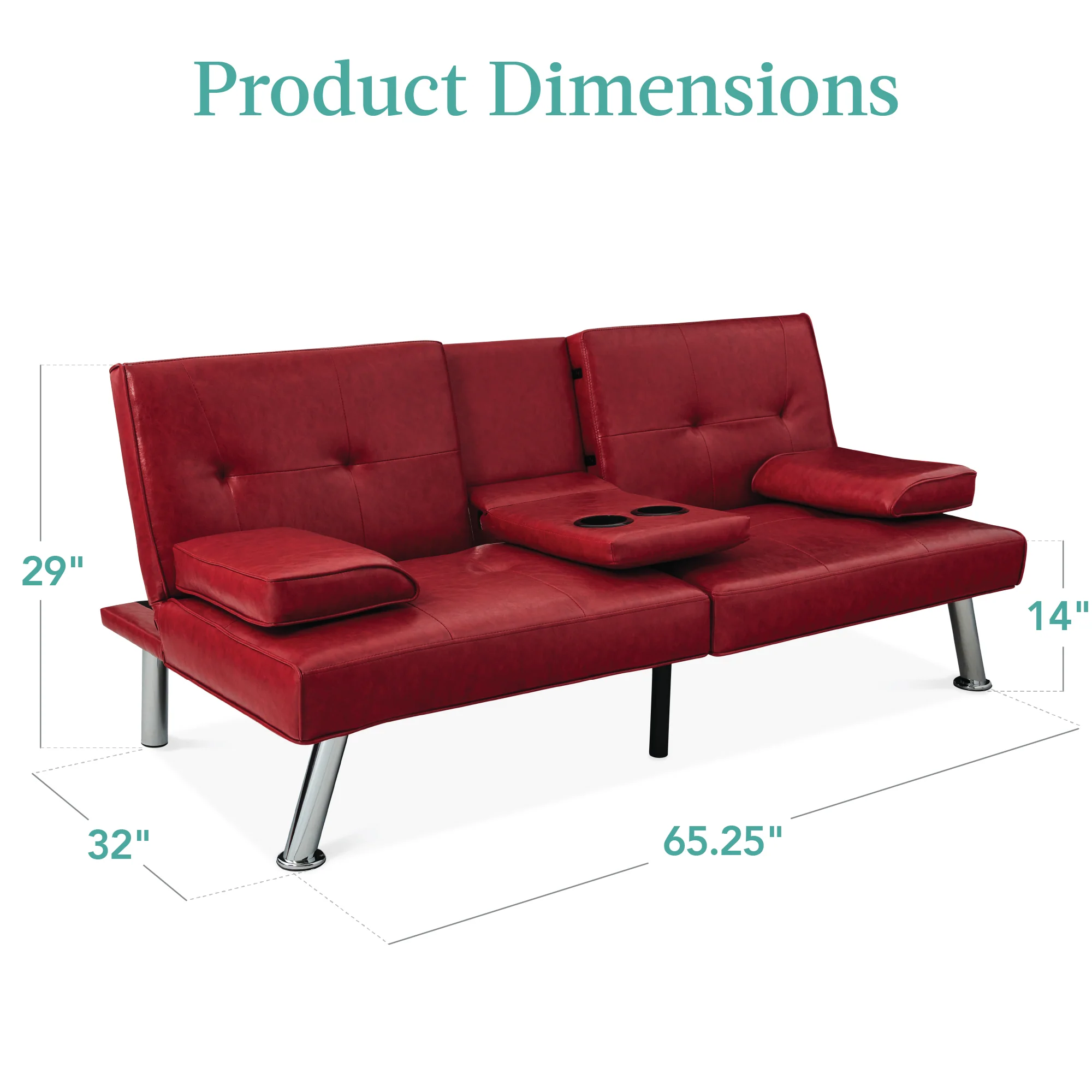 Faux Leather Upholstered Convertible Sofa Bed Futon w/ 2 Cupholders - Image 45
