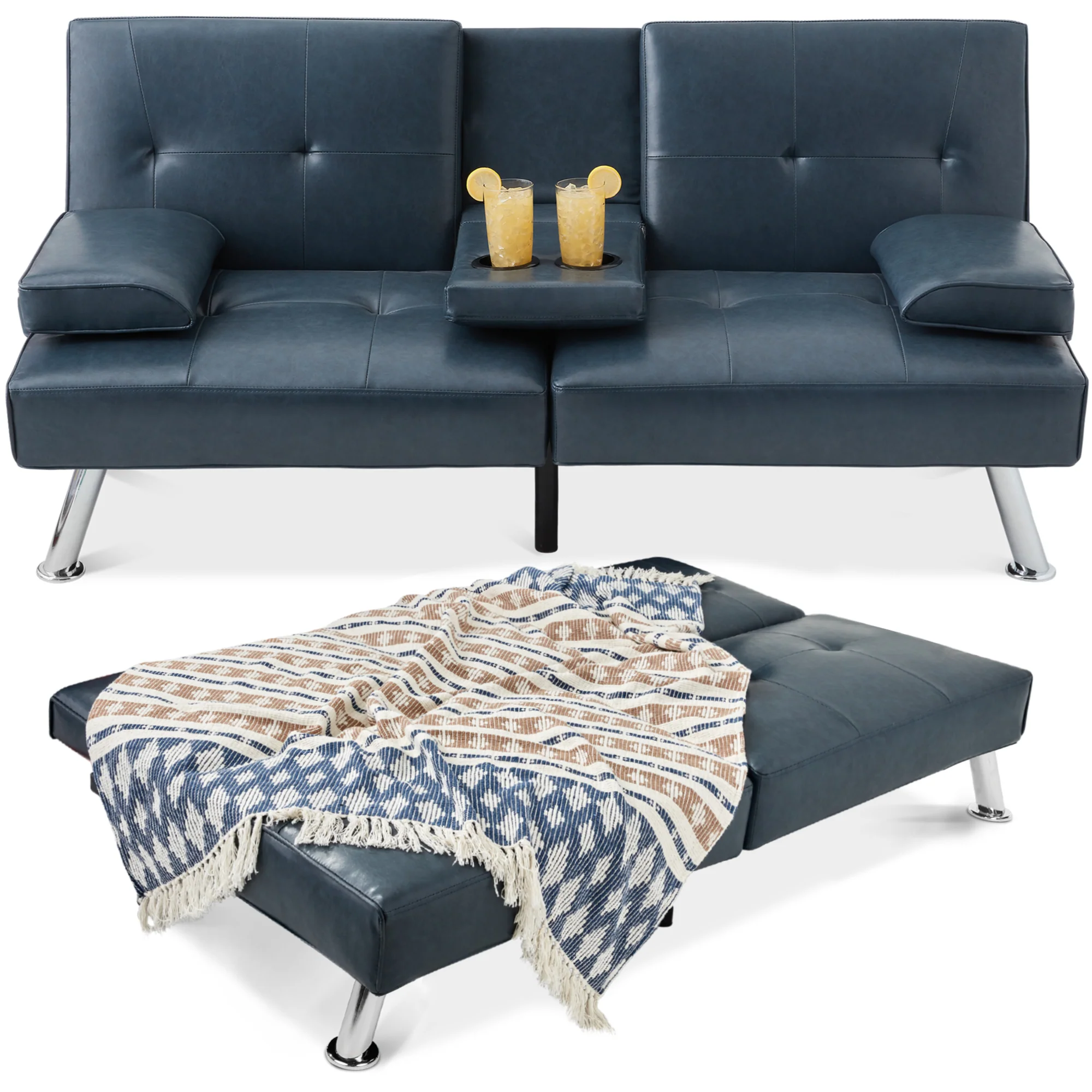 Faux Leather Upholstered Convertible Sofa Bed Futon w/ 2 Cupholders - Image 47