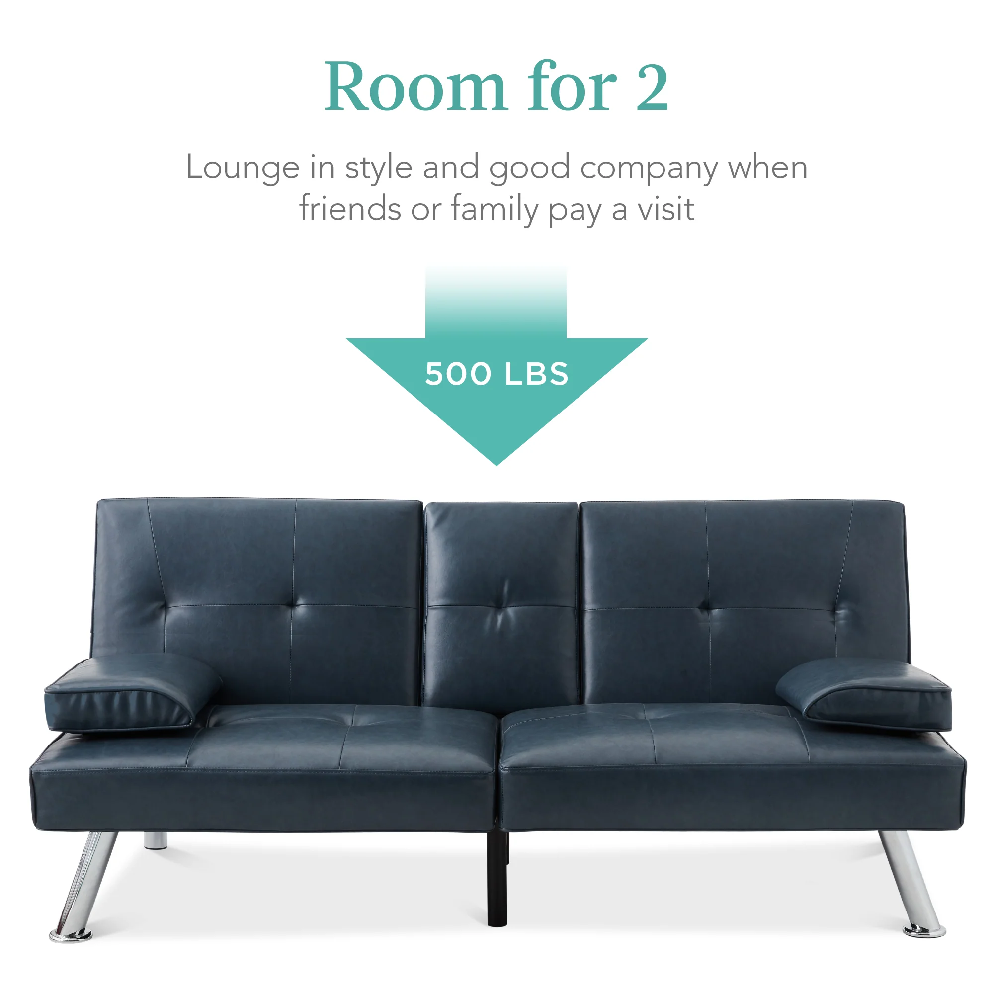 Faux Leather Upholstered Convertible Sofa Bed Futon w/ 2 Cupholders - Image 49