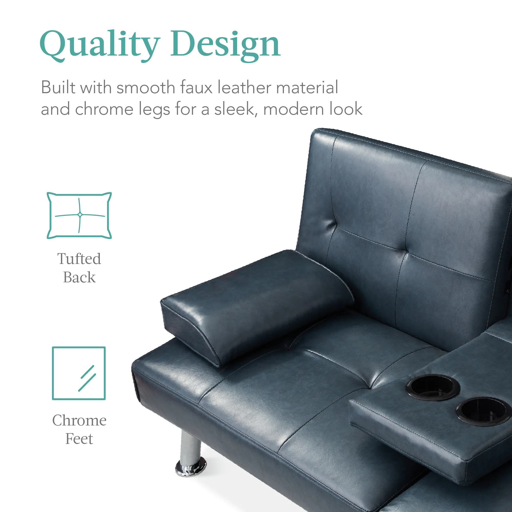 Faux Leather Upholstered Convertible Sofa Bed Futon w/ 2 Cupholders - Image 51