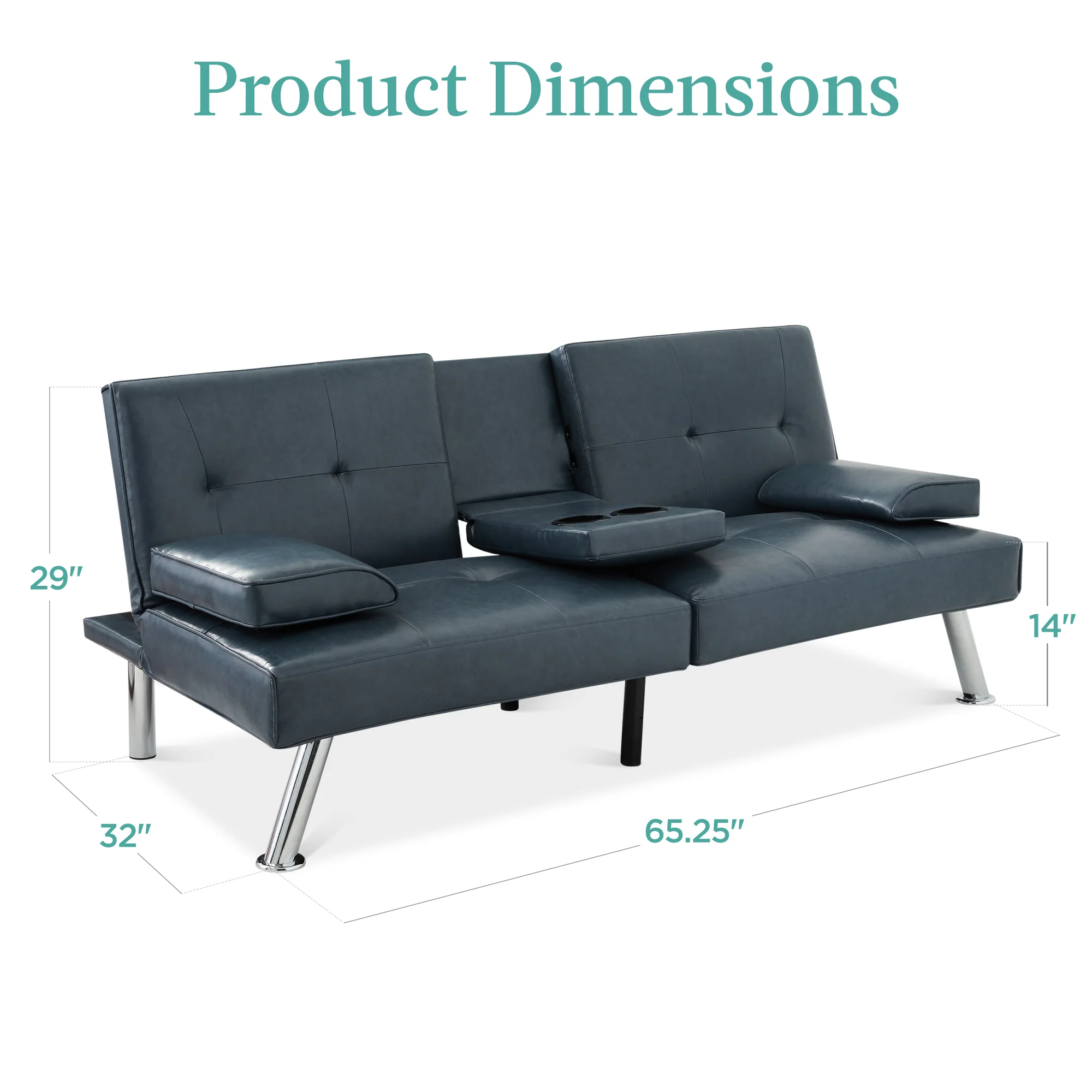 Faux Leather Upholstered Convertible Sofa Bed Futon w/ 2 Cupholders - Image 53