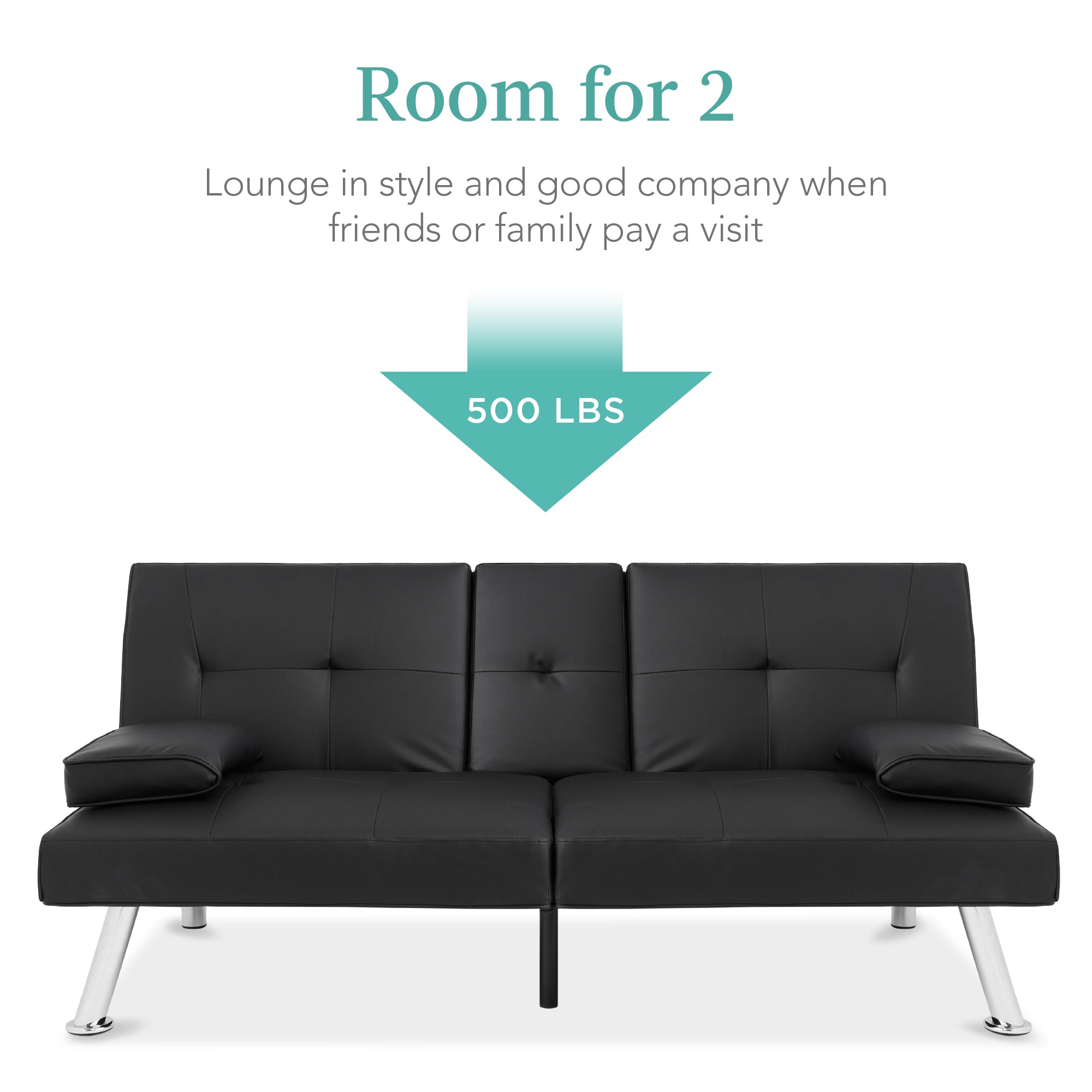 Faux Leather Upholstered Convertible Sofa Bed Futon w/ 2 Cupholders - Image 56