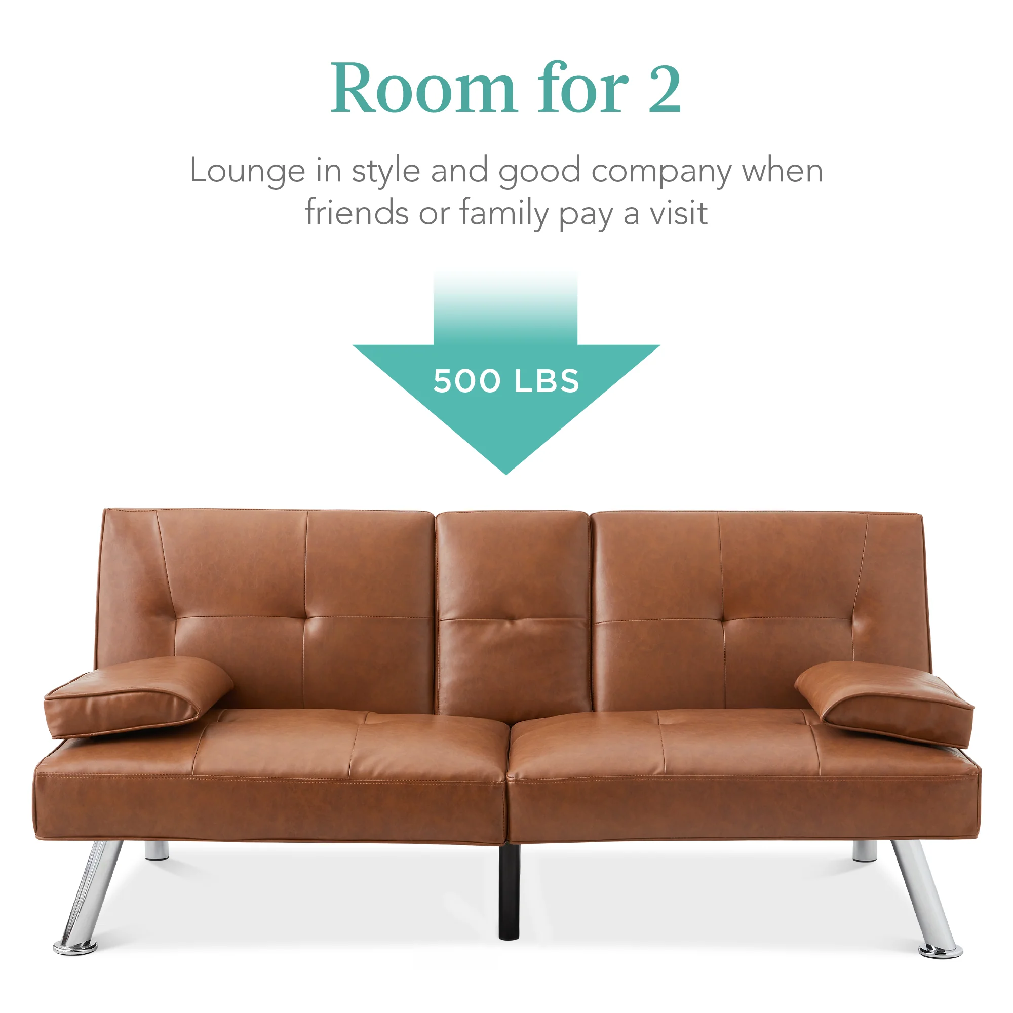 Faux Leather Upholstered Convertible Sofa Bed Futon w/ 2 Cupholders - Image 63