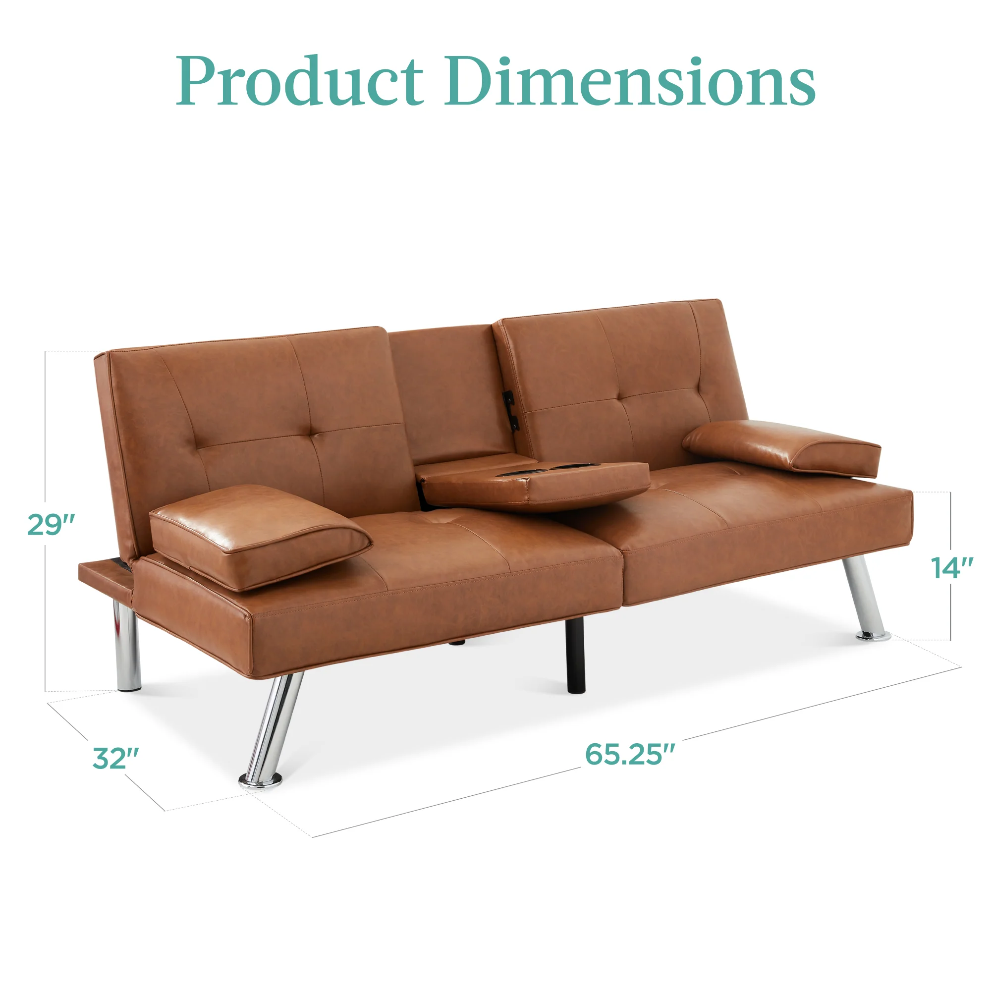 Faux Leather Upholstered Convertible Sofa Bed Futon w/ 2 Cupholders - Image 67
