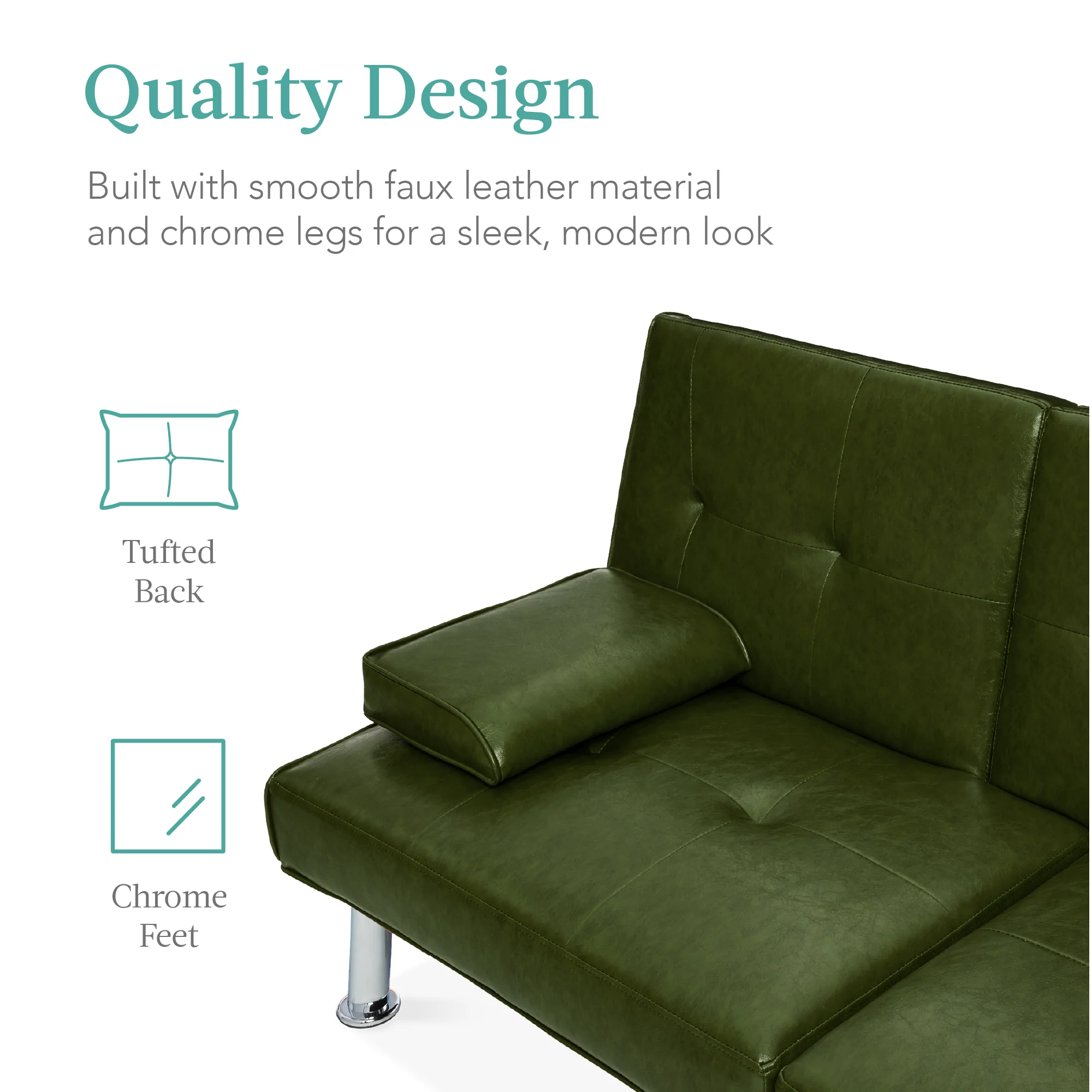 Faux Leather Upholstered Convertible Sofa Bed Futon w/ 2 Cupholders - Image 72